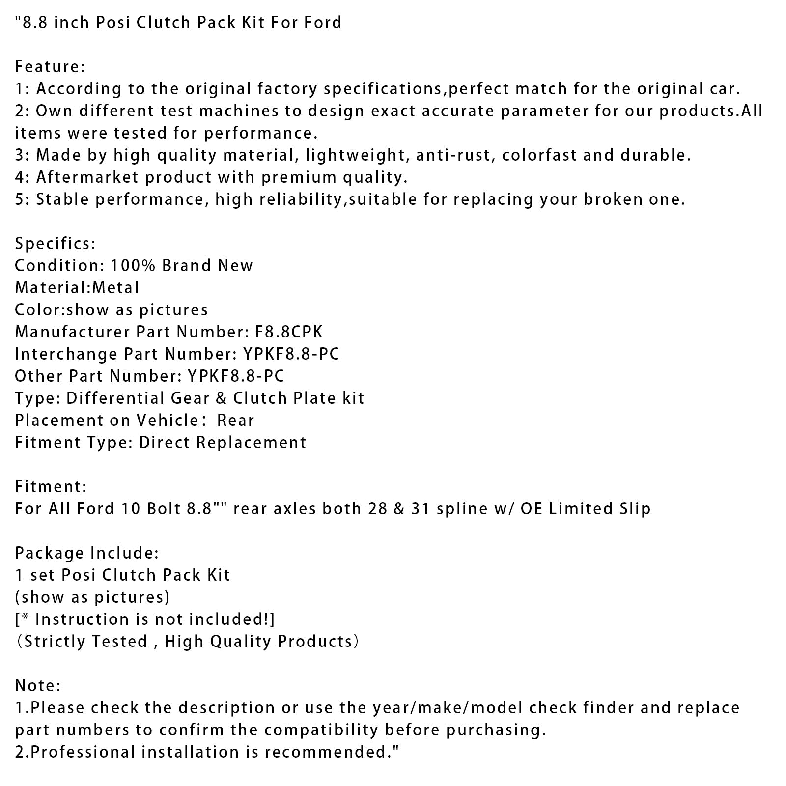 8.8 inch Posi Clutch Pack Kit F8.8CPK For Ford