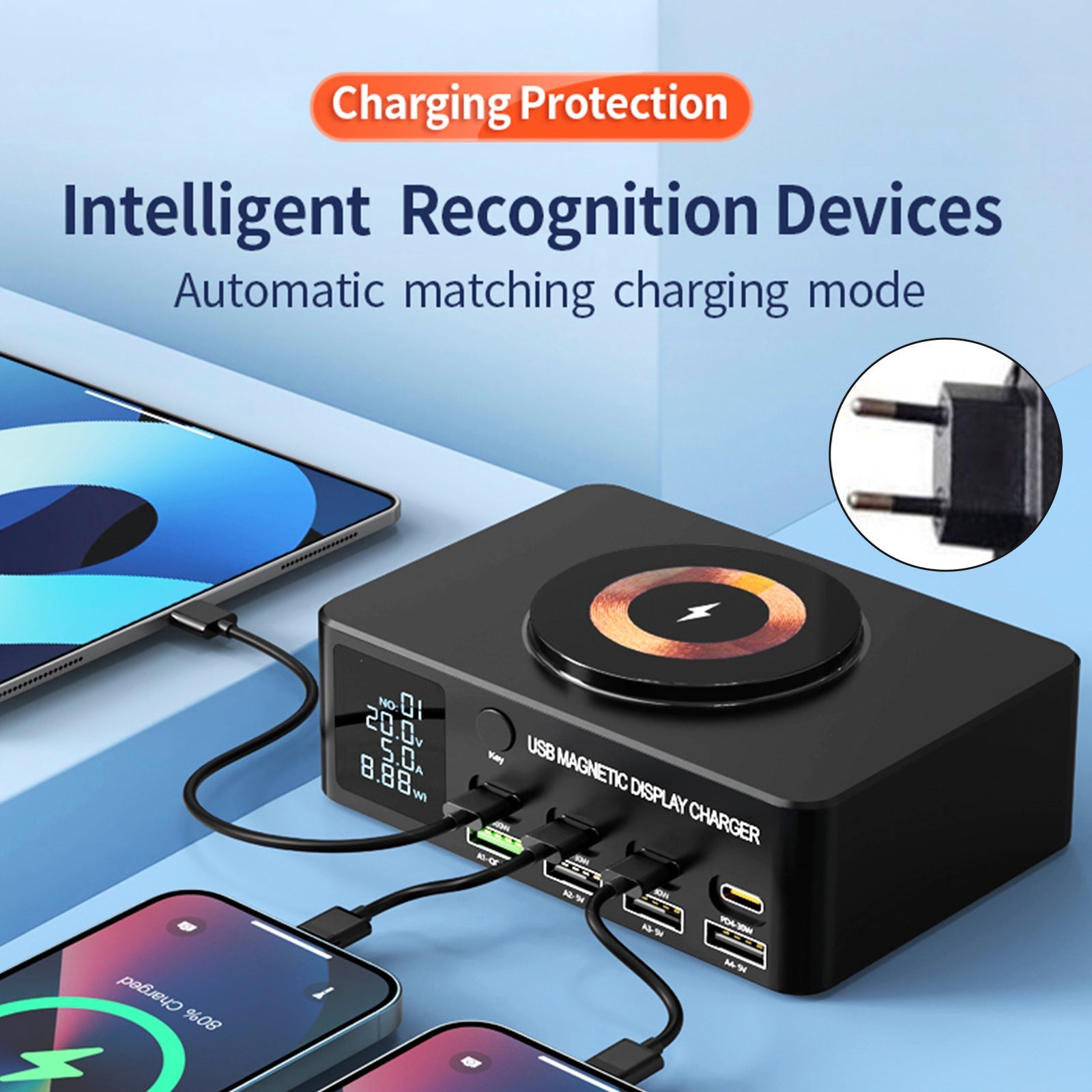 140W Fast Charging Charger Intelligent Digital Display PD100W Mobile Phone Notebook Magnetic Wireless Charging Multi-Port USB Charger EU Plug