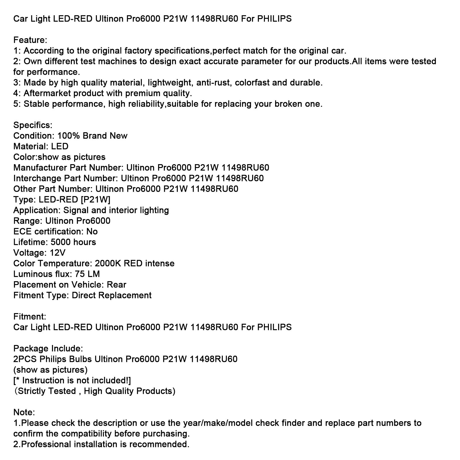 Car Light LED-RED Ultinon Pro6000 P21W 11498RU60 For PHILIPS