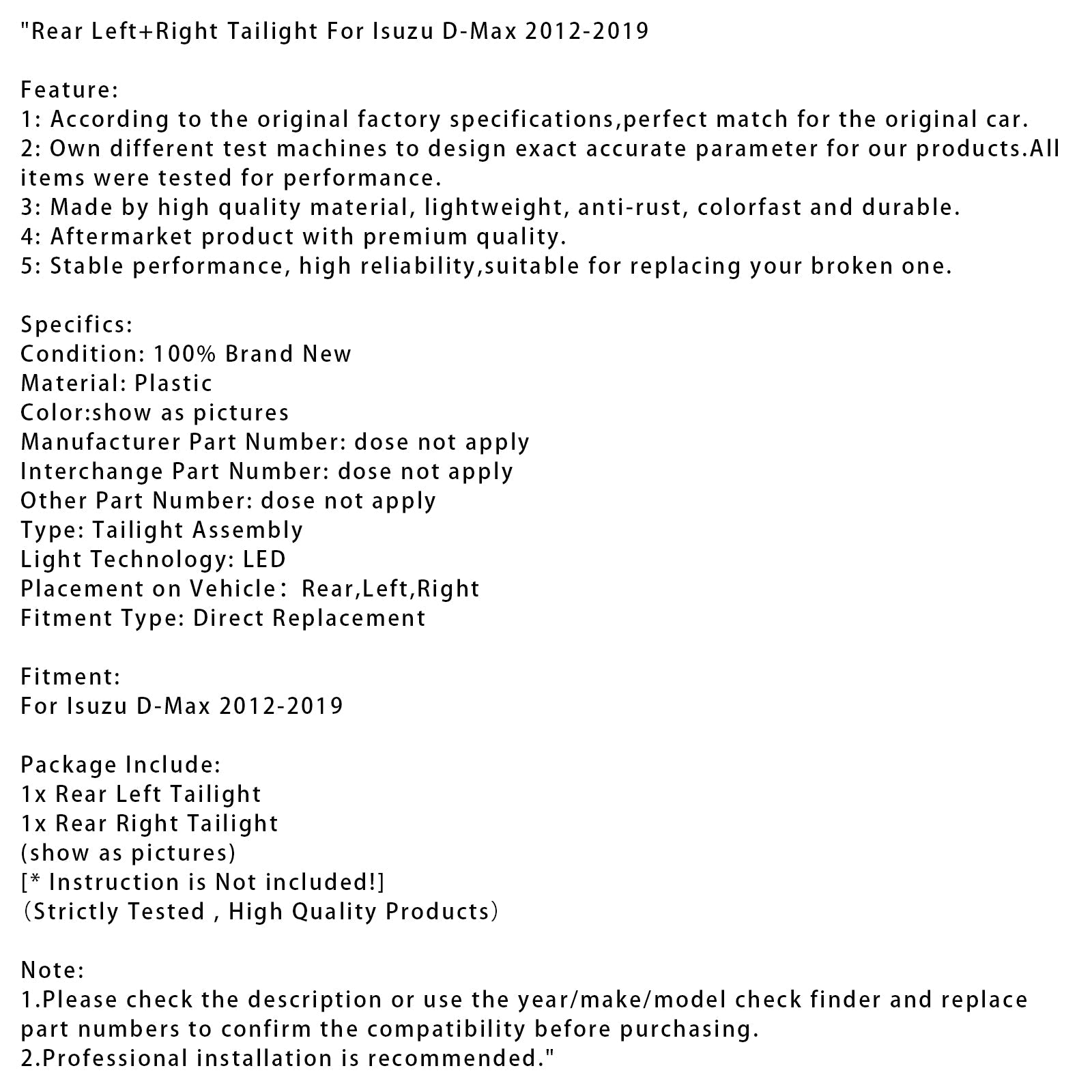 Rear Left + Right Tailight For Isuzu D-Max 2012-2019