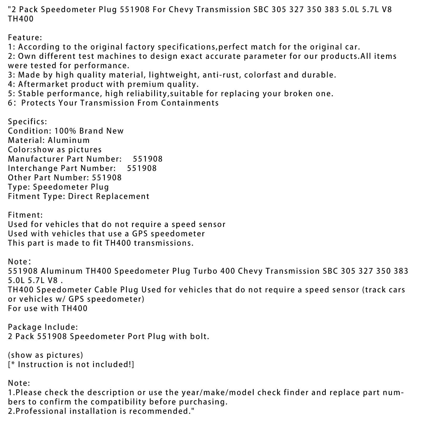 2 Pack Speedometer Plug 551908 For Chevy Transmission SBC 305 327 350 383 5.0L 5.7L V8 TH400