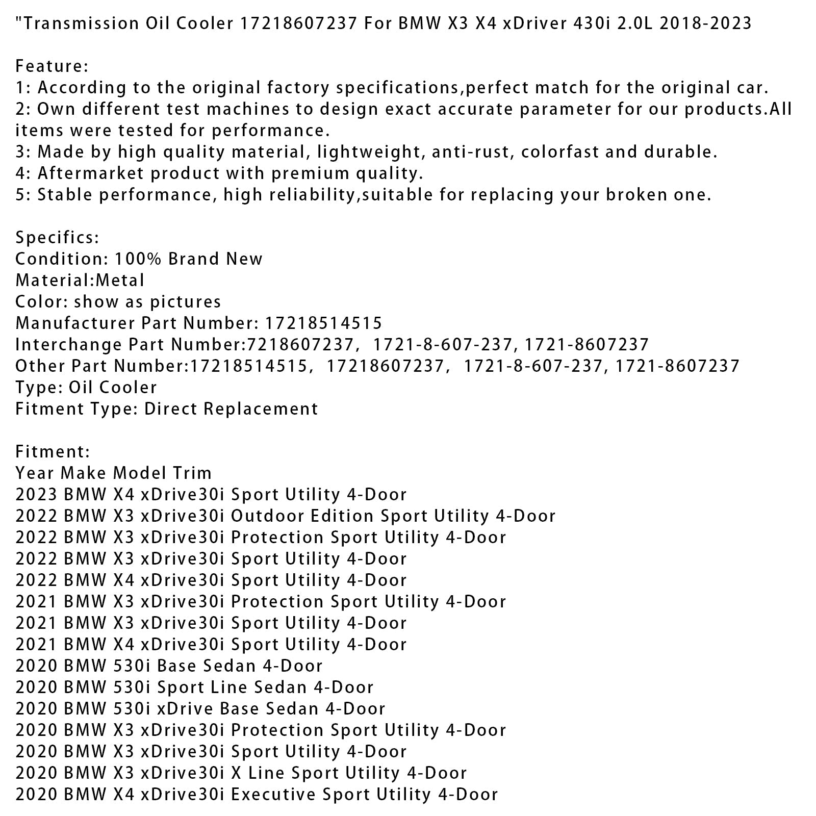 2019-2020 BMW X3 xDrive30i X Line Sport Utility 4-Door Transmission Oil Cooler 17218607237