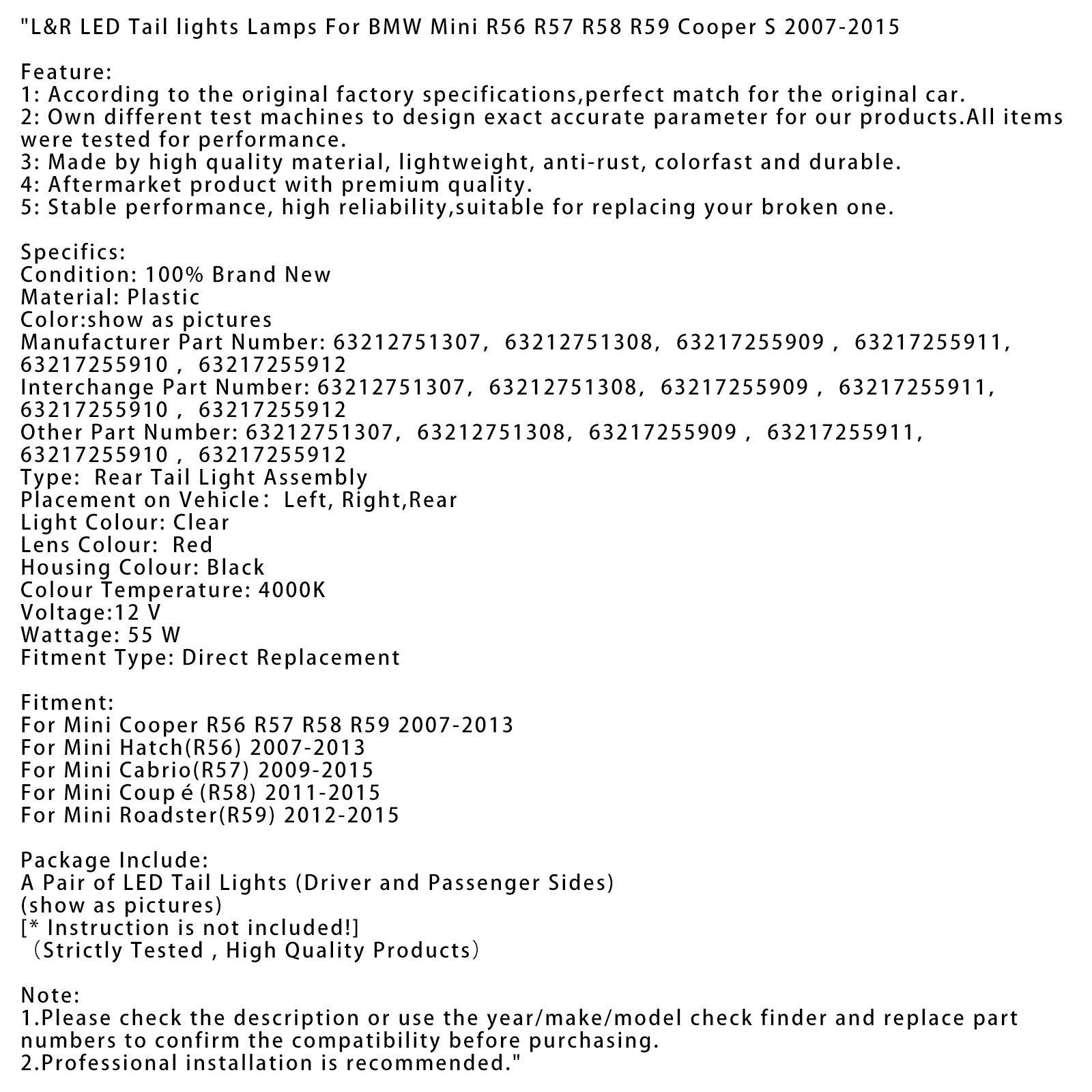 2009-2015 미니 카브리오(R57) 좌우 LED 테일라이트 램프 회색 63212751307 63212751308
