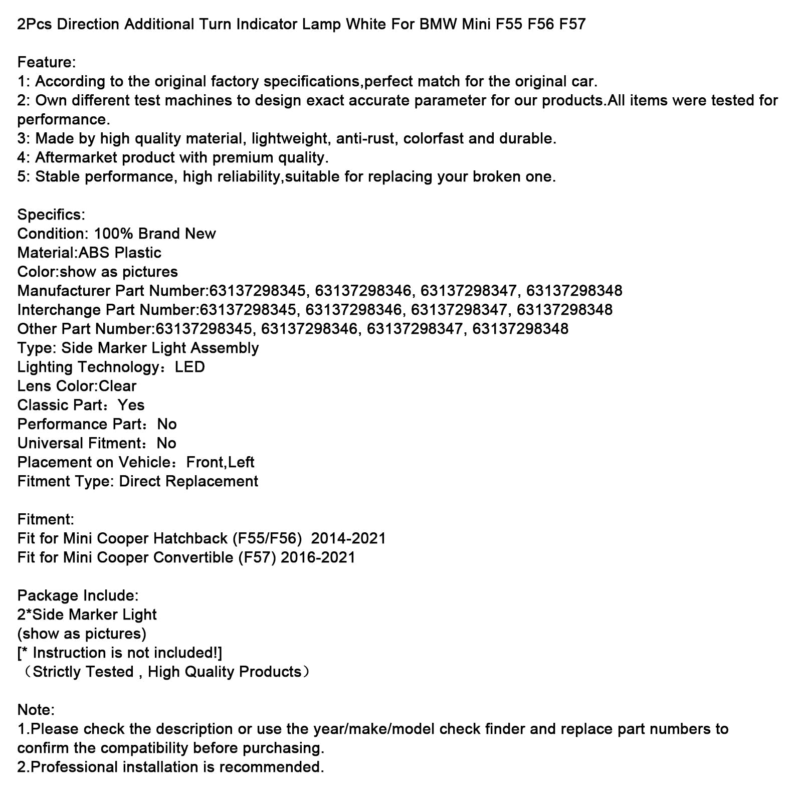 2Pcs Direction Additional Turn Indicator Lamp White For BMW Mini F55 F56 F57