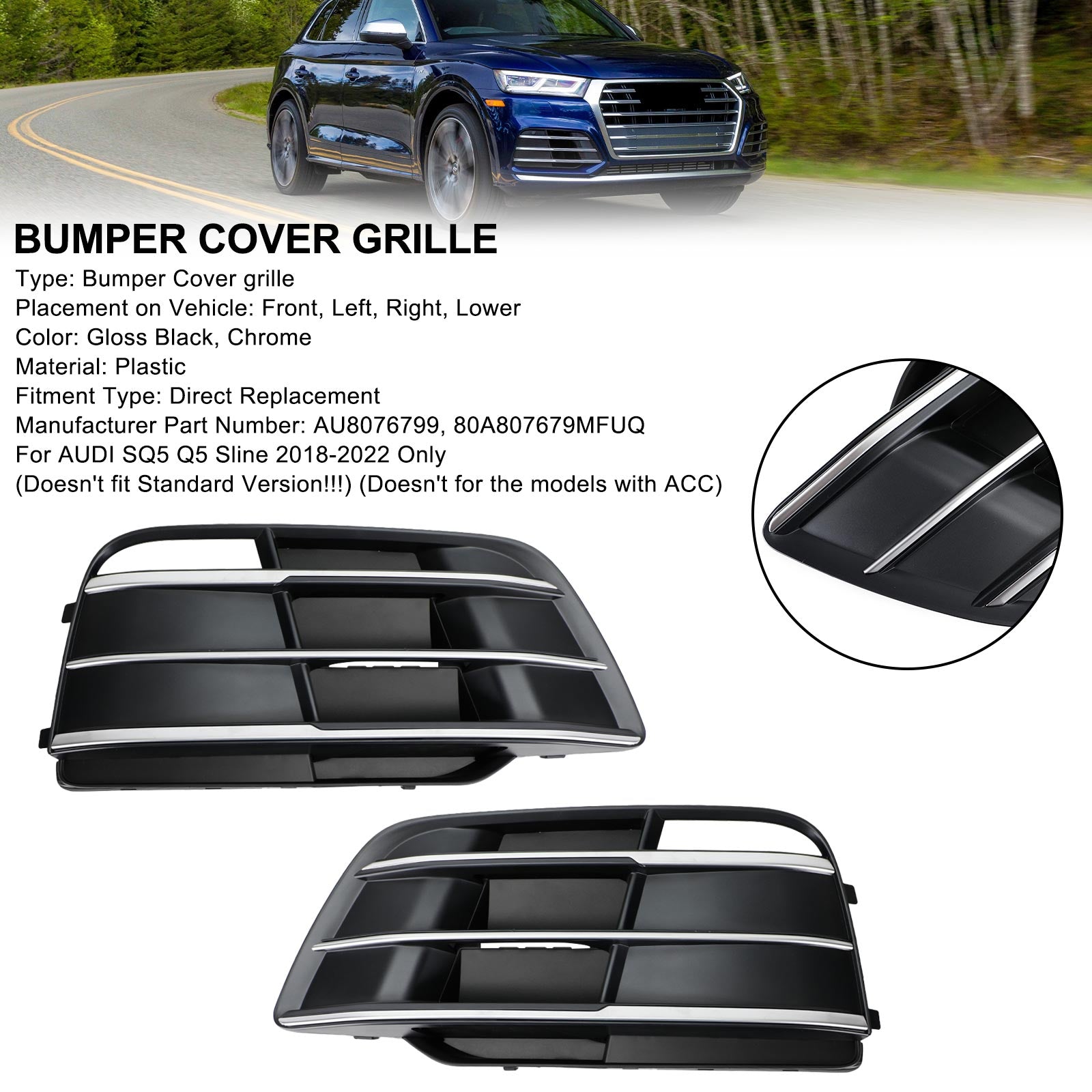 Front Bumper Grille Grill 80A807679MRU6 Fit Audi Q5 SQ5 2018-2022 Pre-Facelift