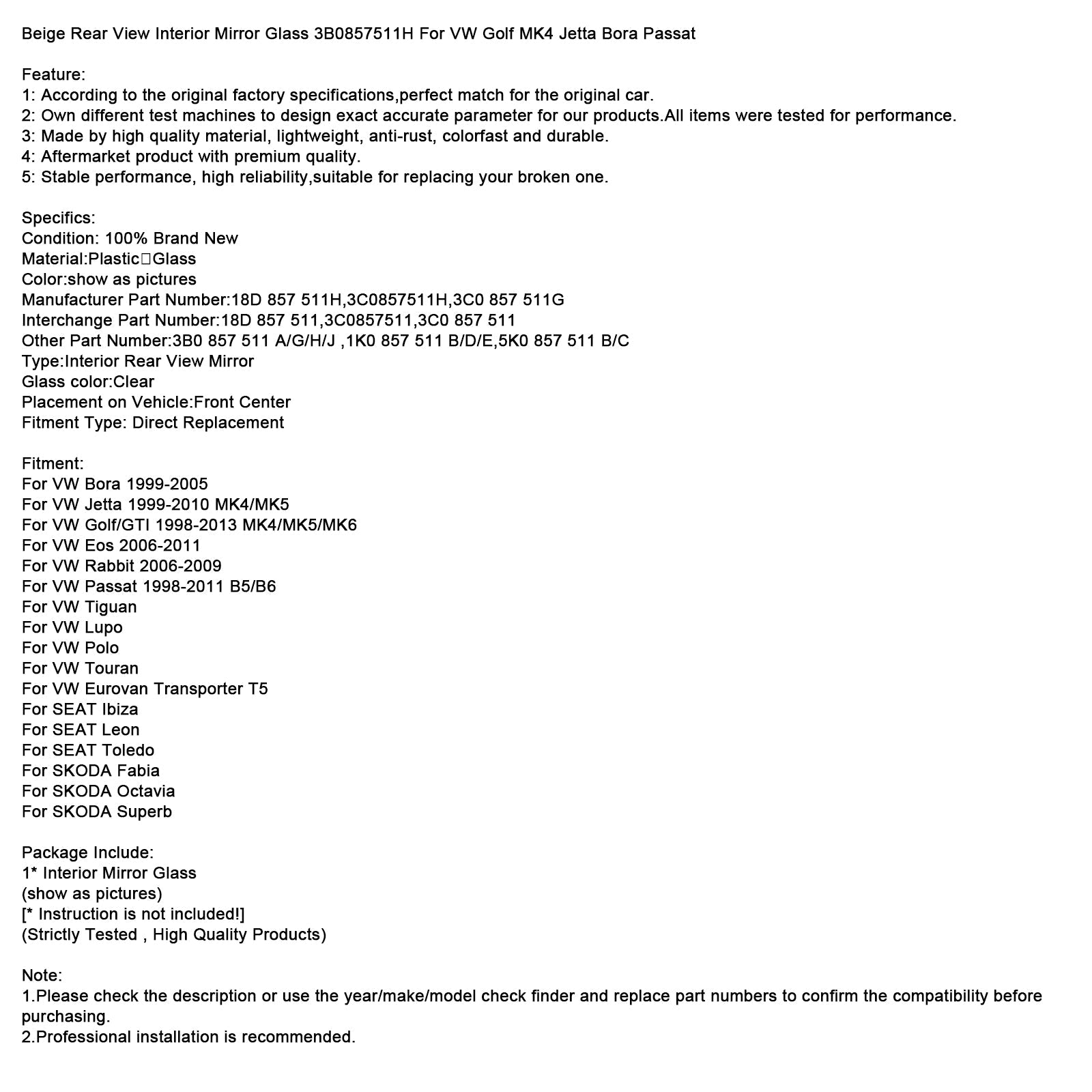 Beige Rear View Interior Mirror Glass 3B0857511H For VW Golf MK4 Jetta Bora