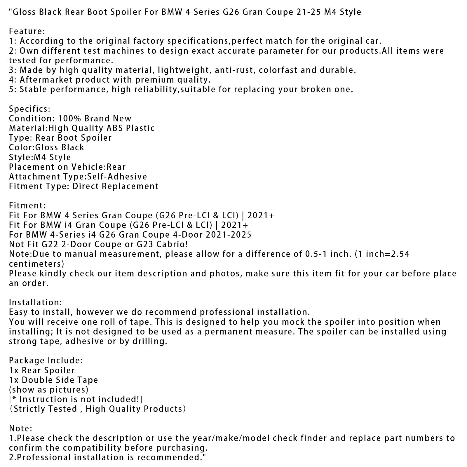 2021-2025 BMW 4-Series i4 G26 Gran Coupe 4-Door Gloss Black Rear Boot Spoiler