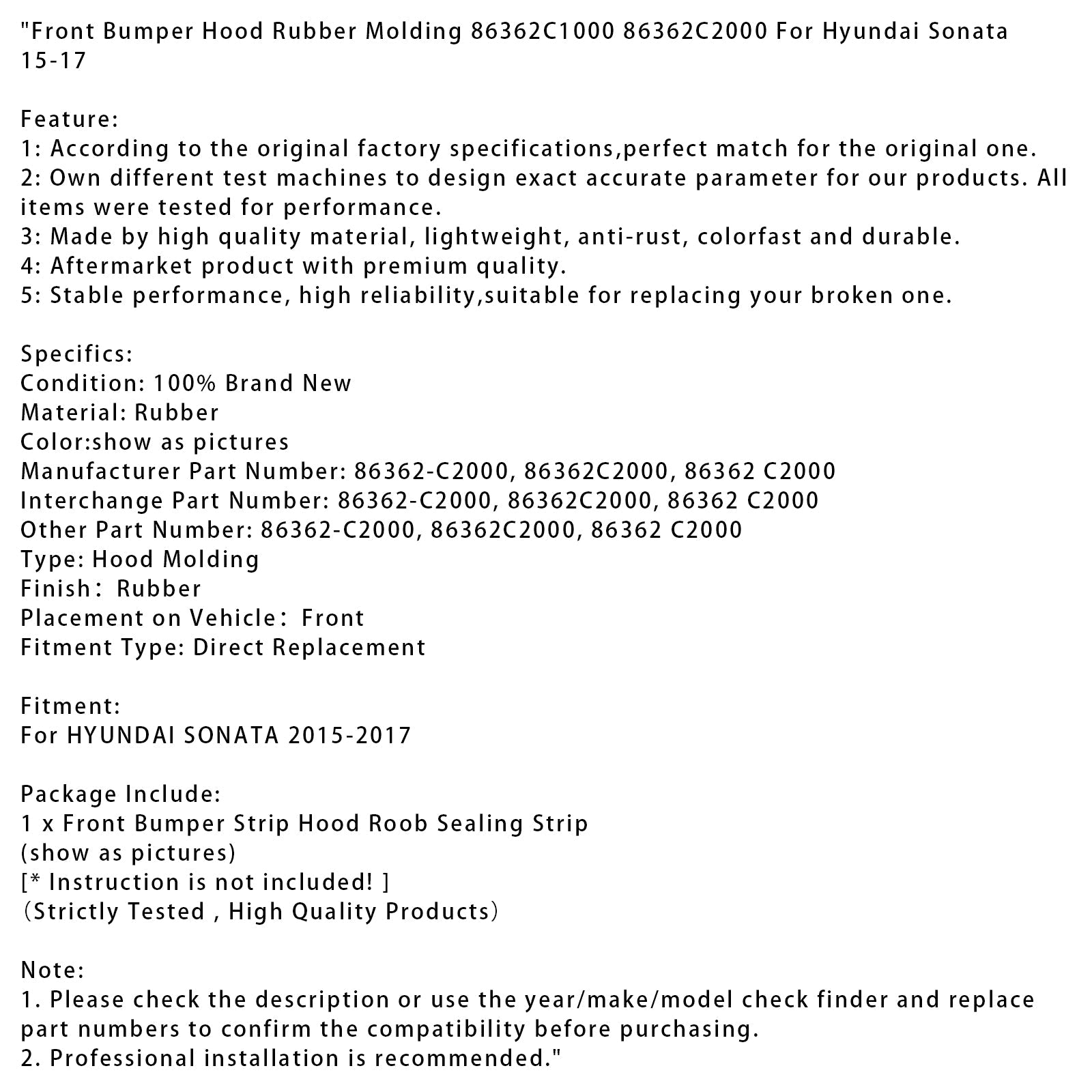 2015-2017 Hyundai Sonata Front Bumper Hood Rubber Molding 86362C1000 86362C2000