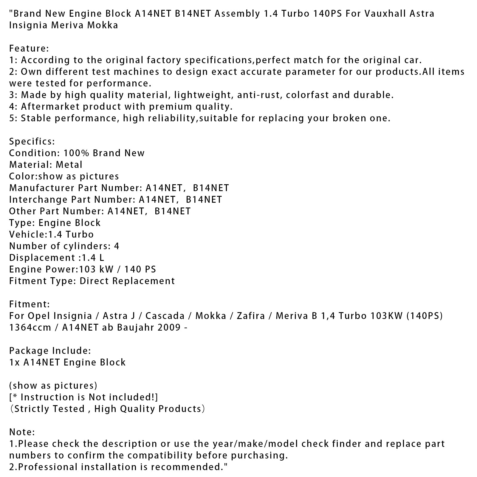New Engine Block B14NET Motor 1.4 Turbo 140PS For Vauxhall Astra Insignia Meriva