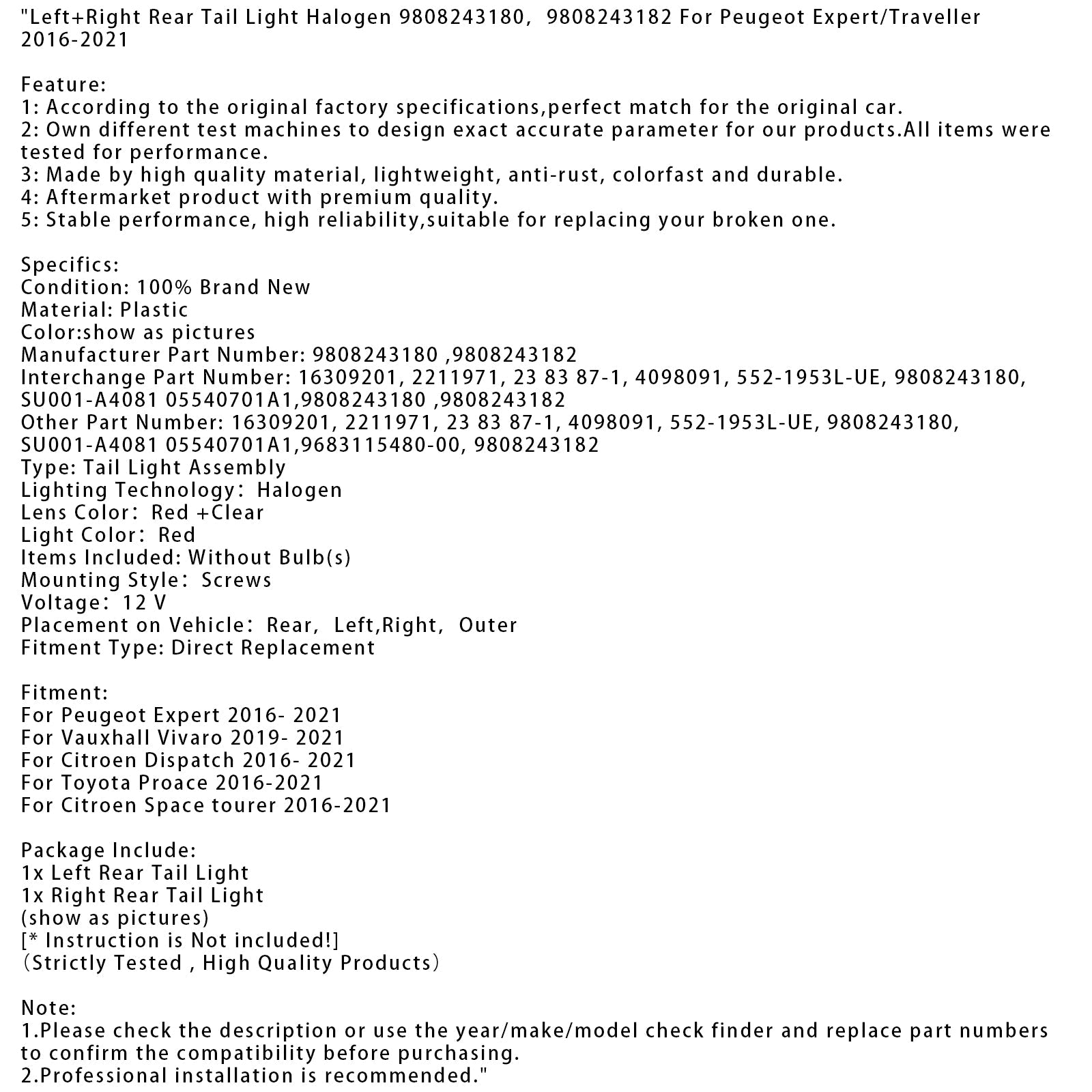 2016-2021 Citroen Space tourer Left+Right Rear Tail Light Halogen 9808243180 9808243182