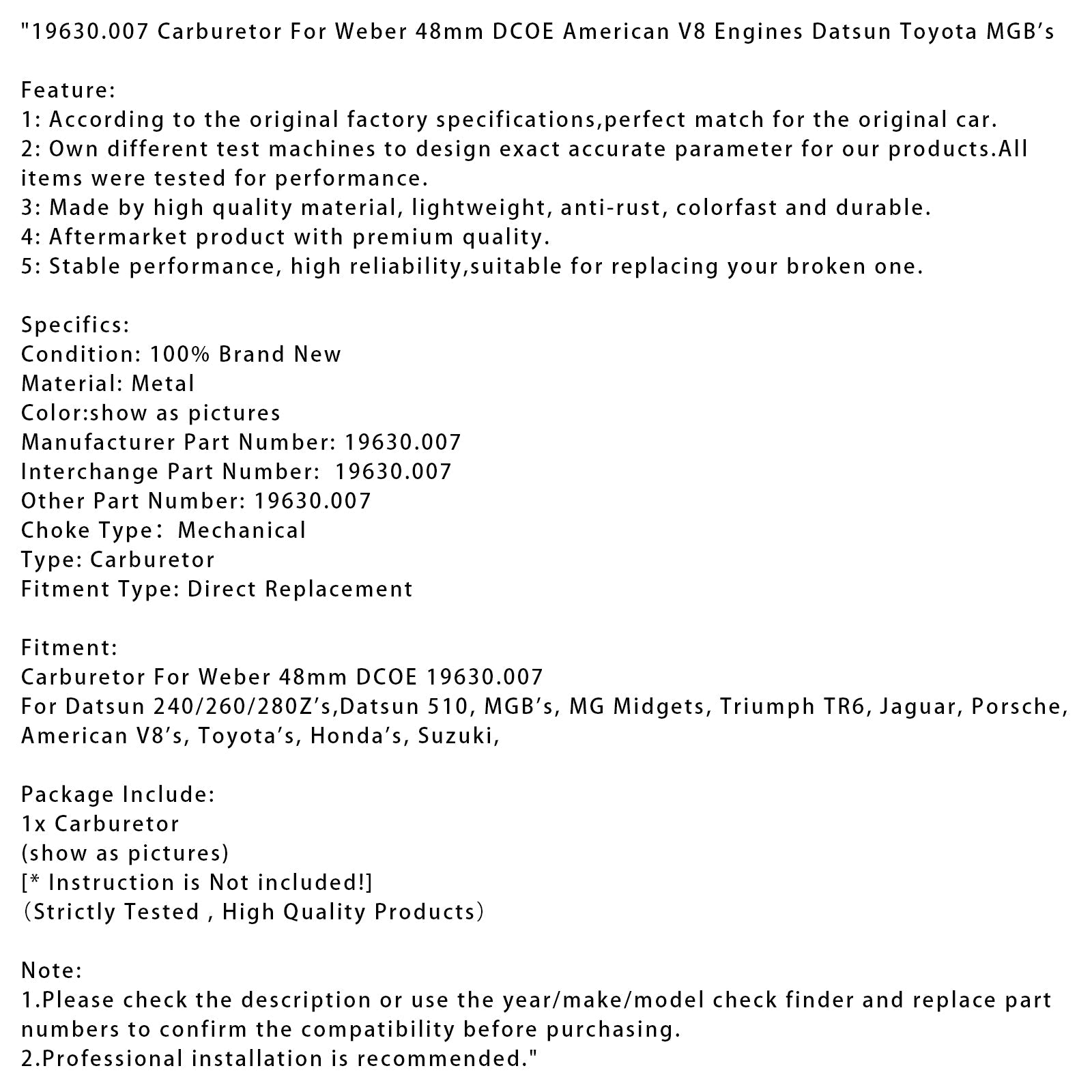 19630.007 Carburetor For Weber 48mm DCOE American V8 Engines Datsun Toyota