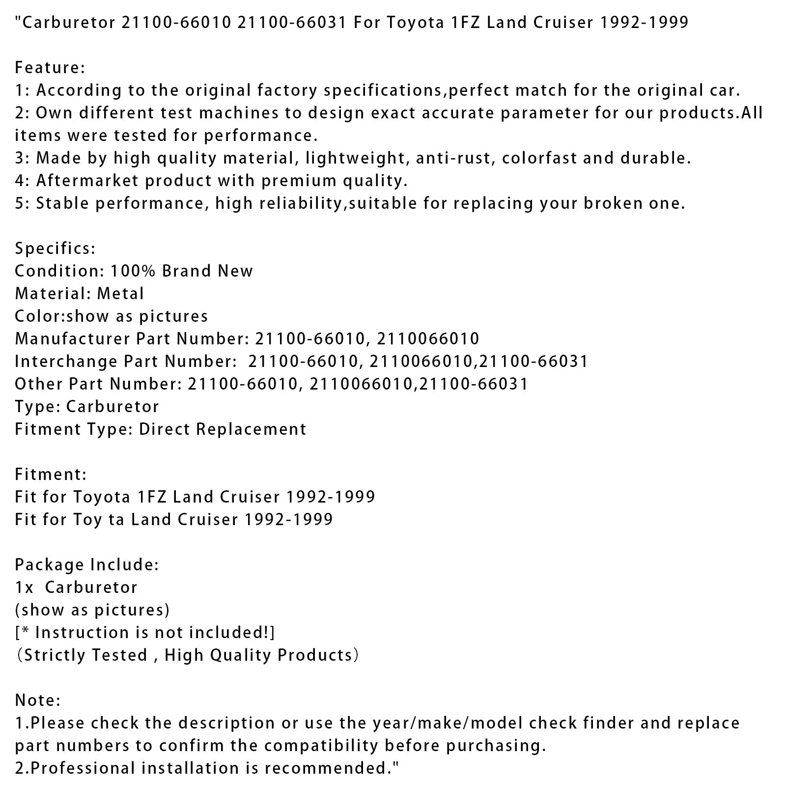 1992-1999 Toyota 1FZ Land Cruiser Carburetor 21100-66010 21100-66031