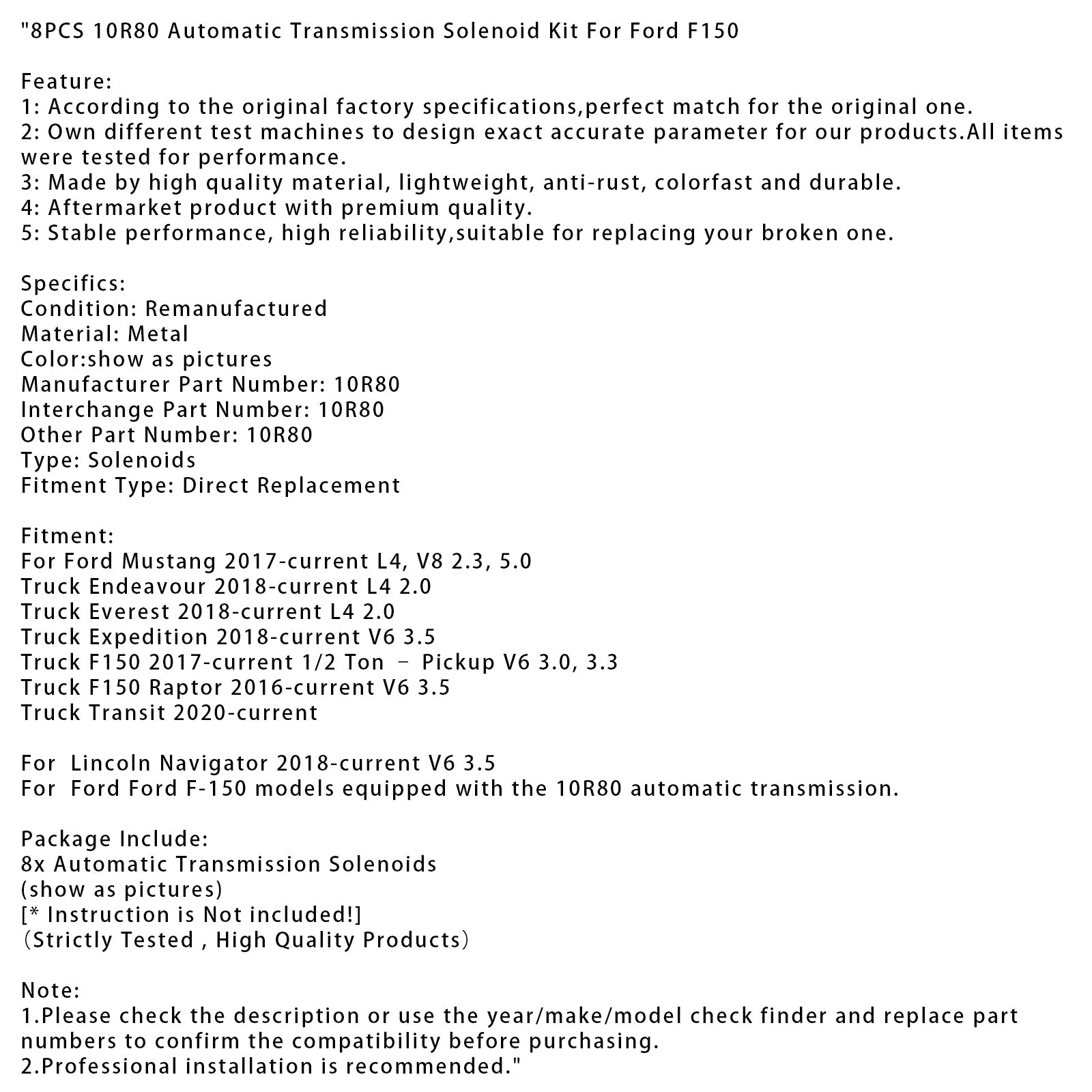 2018-current Ford Truck Endeavour L4 2.0 8PCS 10R80 Automatic Transmission Solenoid Kit