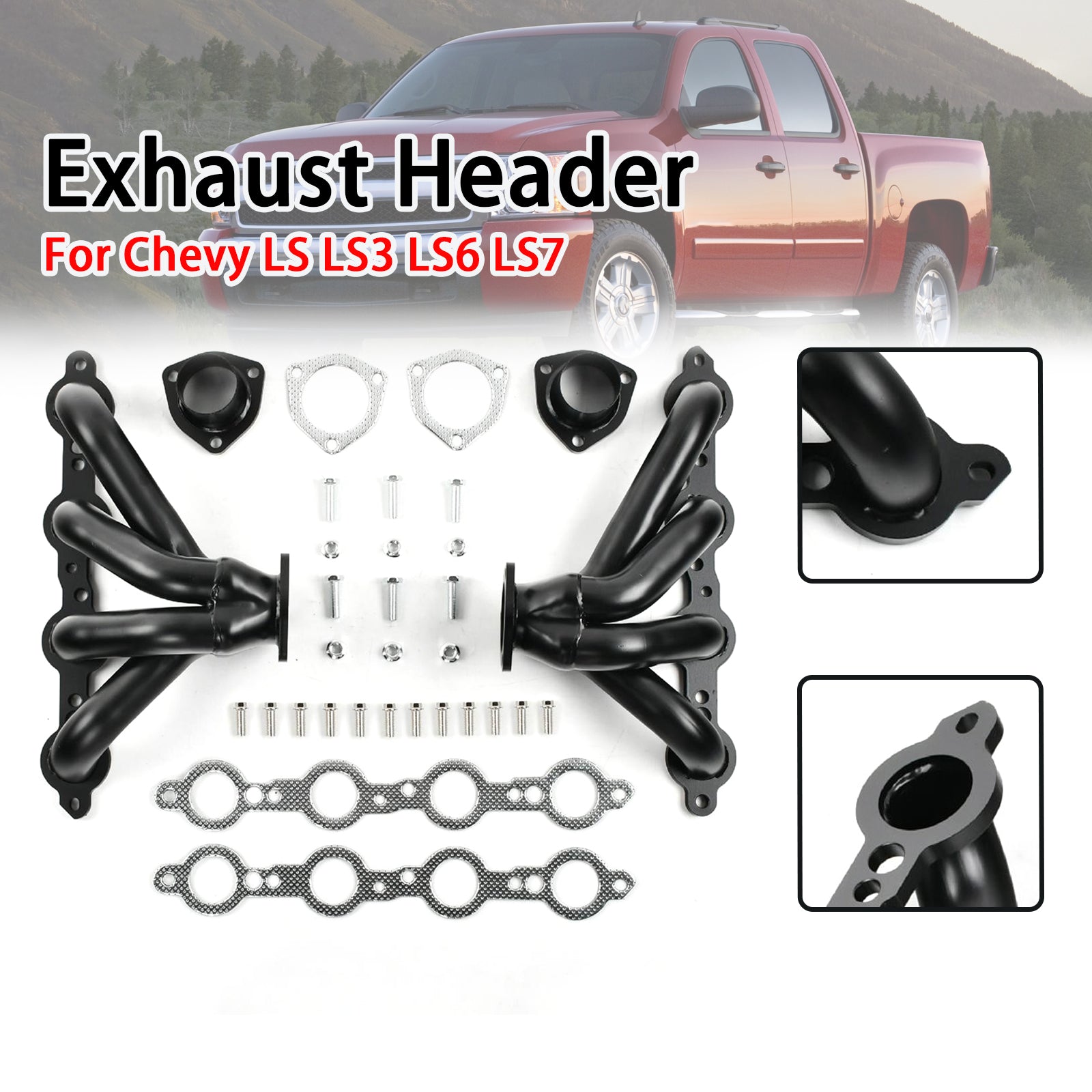 Black Exhaust Manifold Header Fit Chevy LS LS3 LS6 LS7