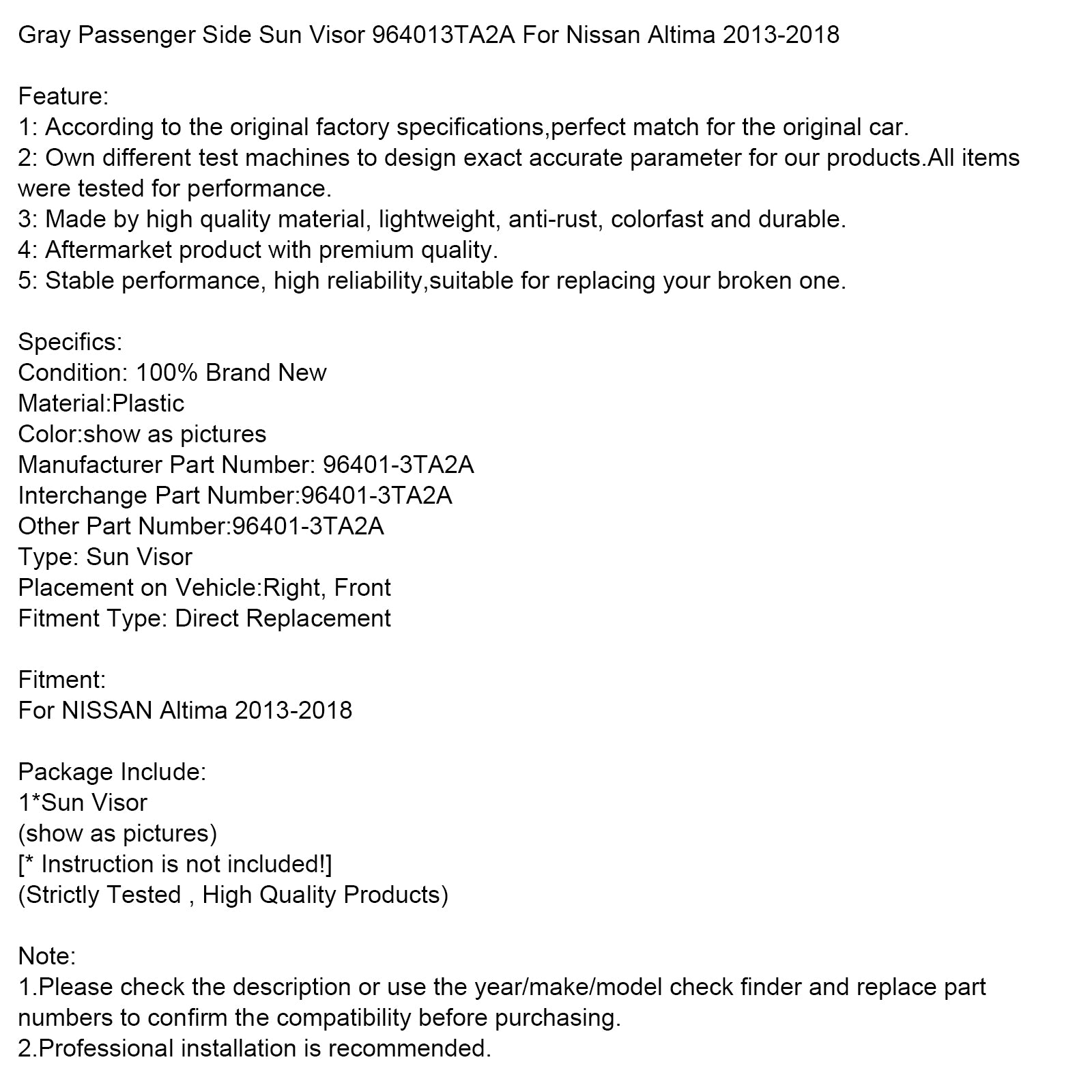 2013-2018 Nissan Altima Gray Right Side Sun Visor 964003TA2A