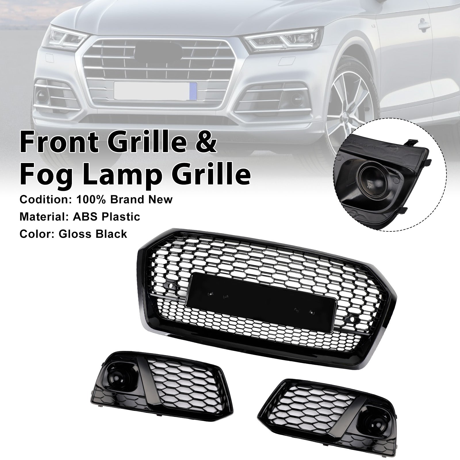 Front Honeycomb Mesh Grill + Fog Lamp Grille Fit Audi Q5 SQ5 2018 2019