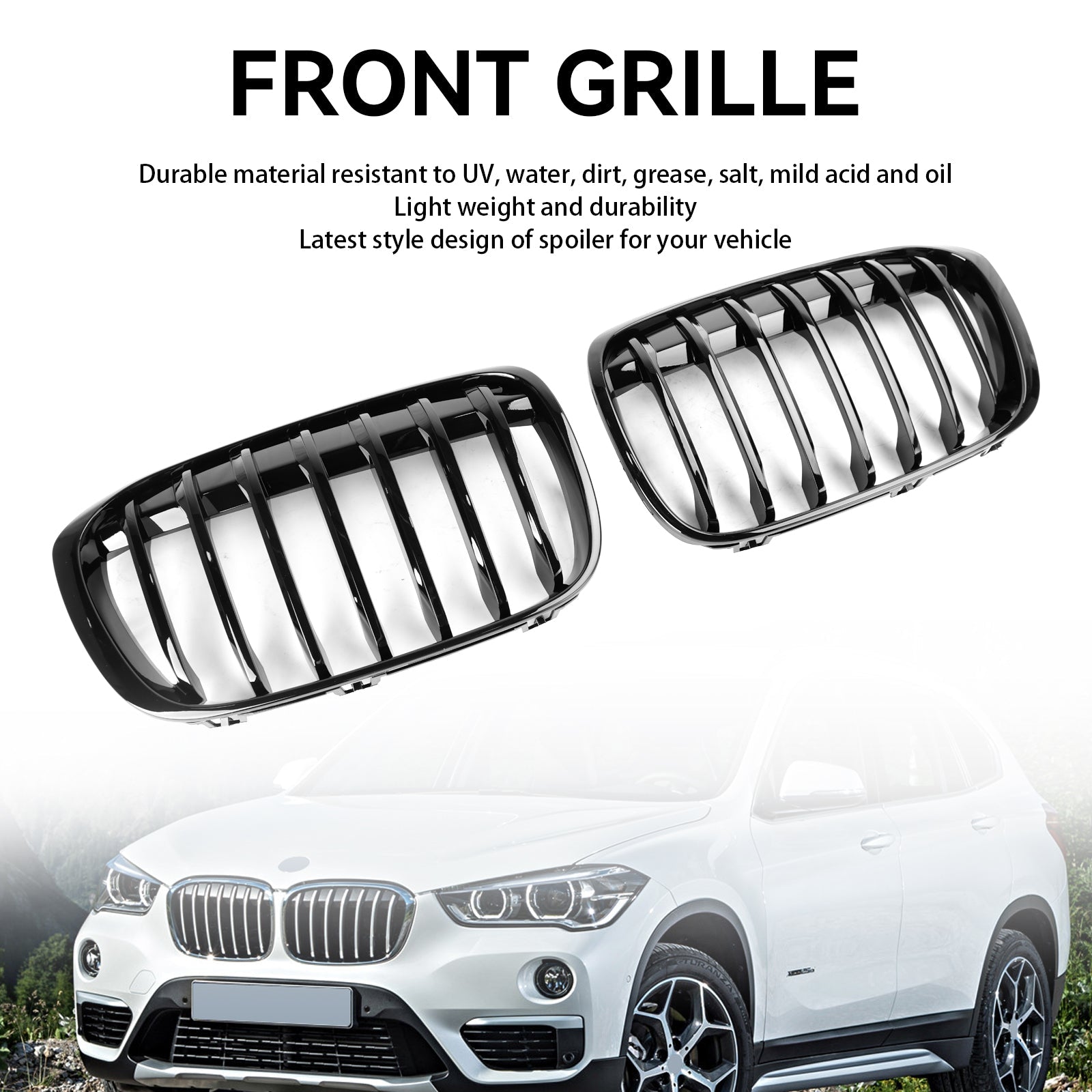BMW X1 F48 F49 2016-2018 2PCS Gloss Black Front Kidney Grille Grill