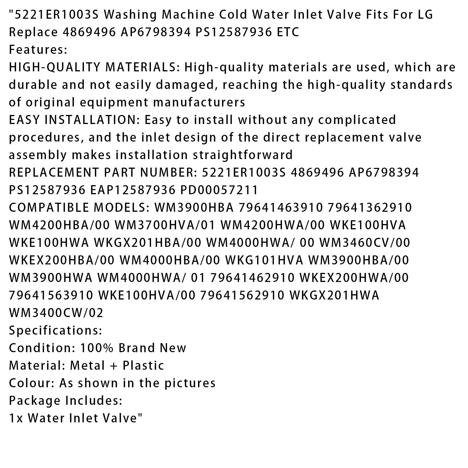 5221ER1003S Washing Machine Cold Water Inlet Valve For LG 4869496 AP6798394