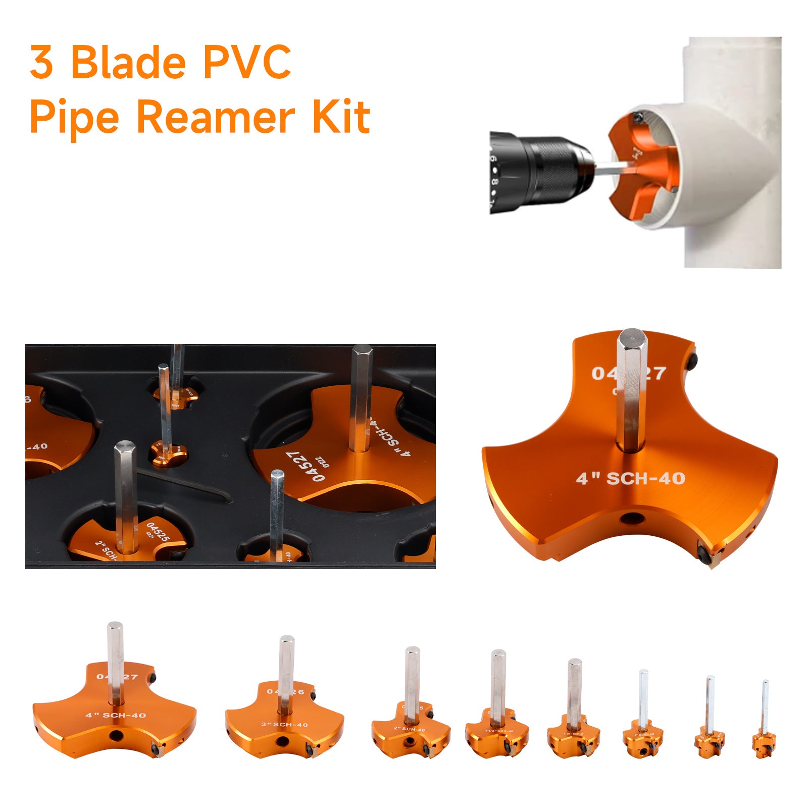 8 PCS Triple Blade PVC Pipe Reamer Kit Pipe Fitting Reamer Tool For Plumbing