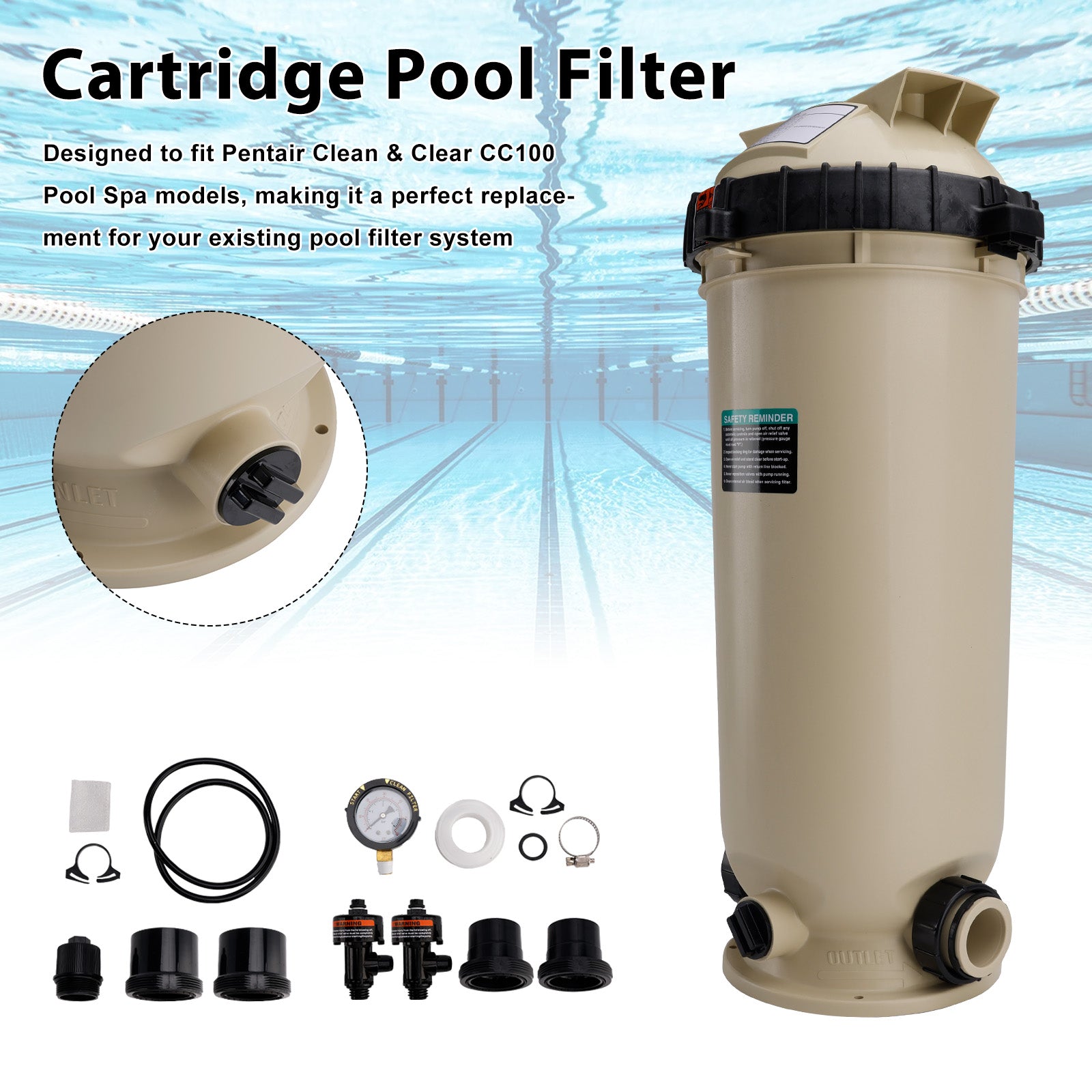EC-160316 Cartridge Pool Filter Pump 100 GPM For Pentair Clean&Clear CC100 Pool