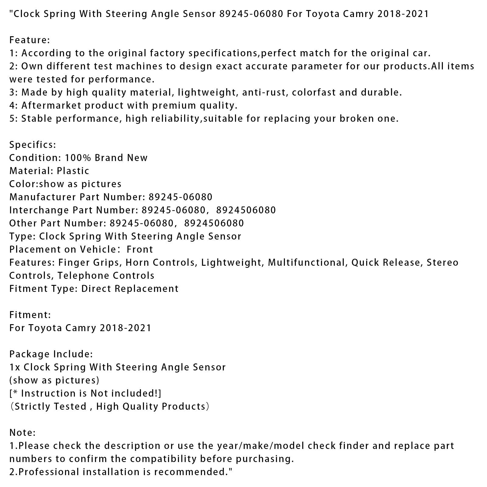 2018-2021 Toyota Camry Clock Spring With Steering Angle Sensor 89245-06080