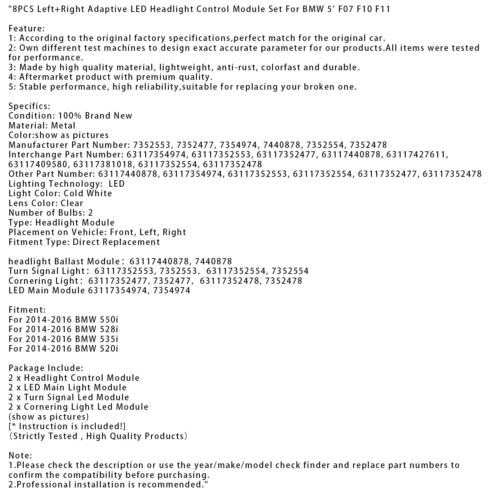 2014-2016 BMW 535i 8PCS Left+Right Adaptive Headlight Control Module Set
