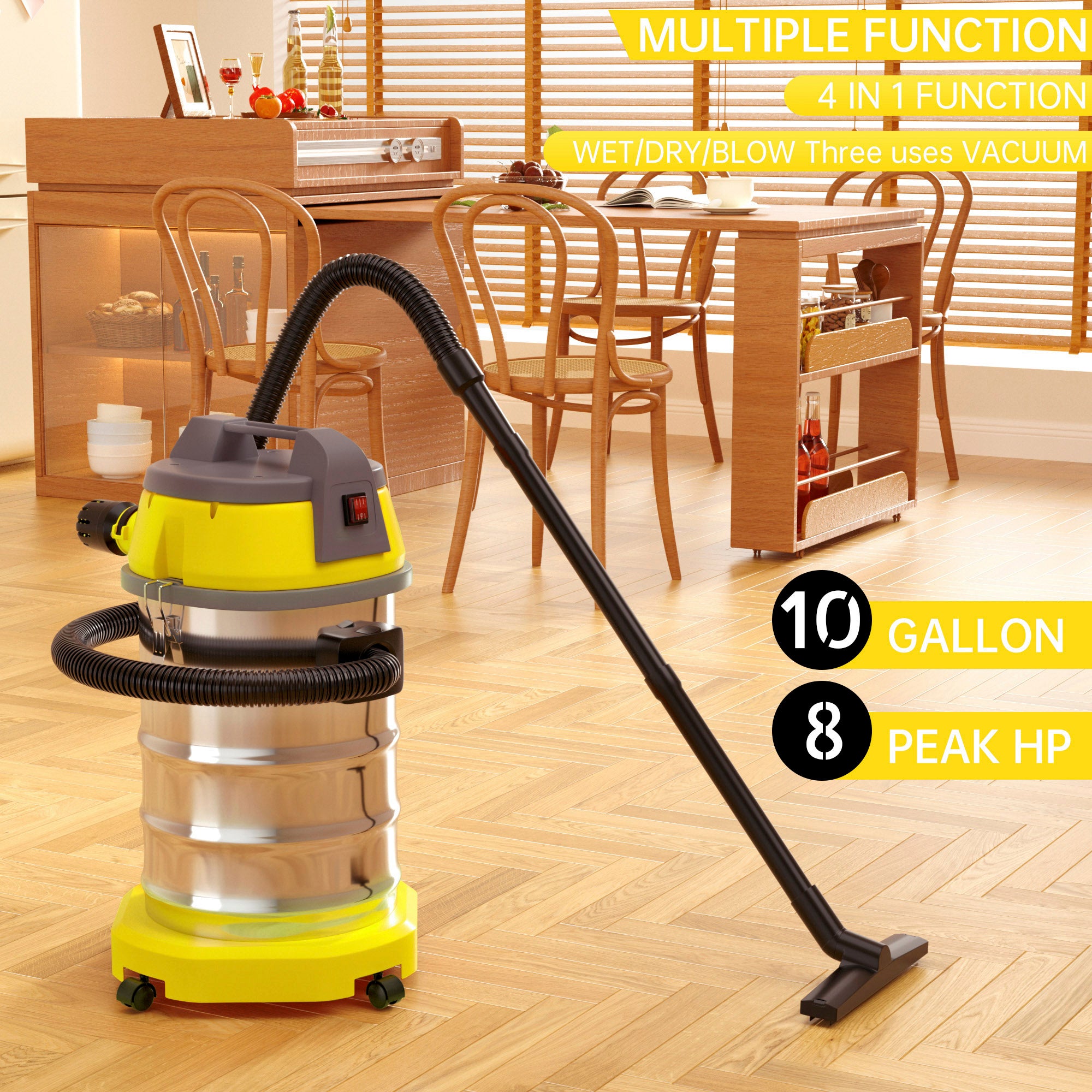 Wet Dry Blow Three Uses 10 Gallon 3200w 8 Peak Hp Stainless Steel Shop Vac Vacuum Cleaner Garage Portable Car Detailing For House Garage Workshop Car