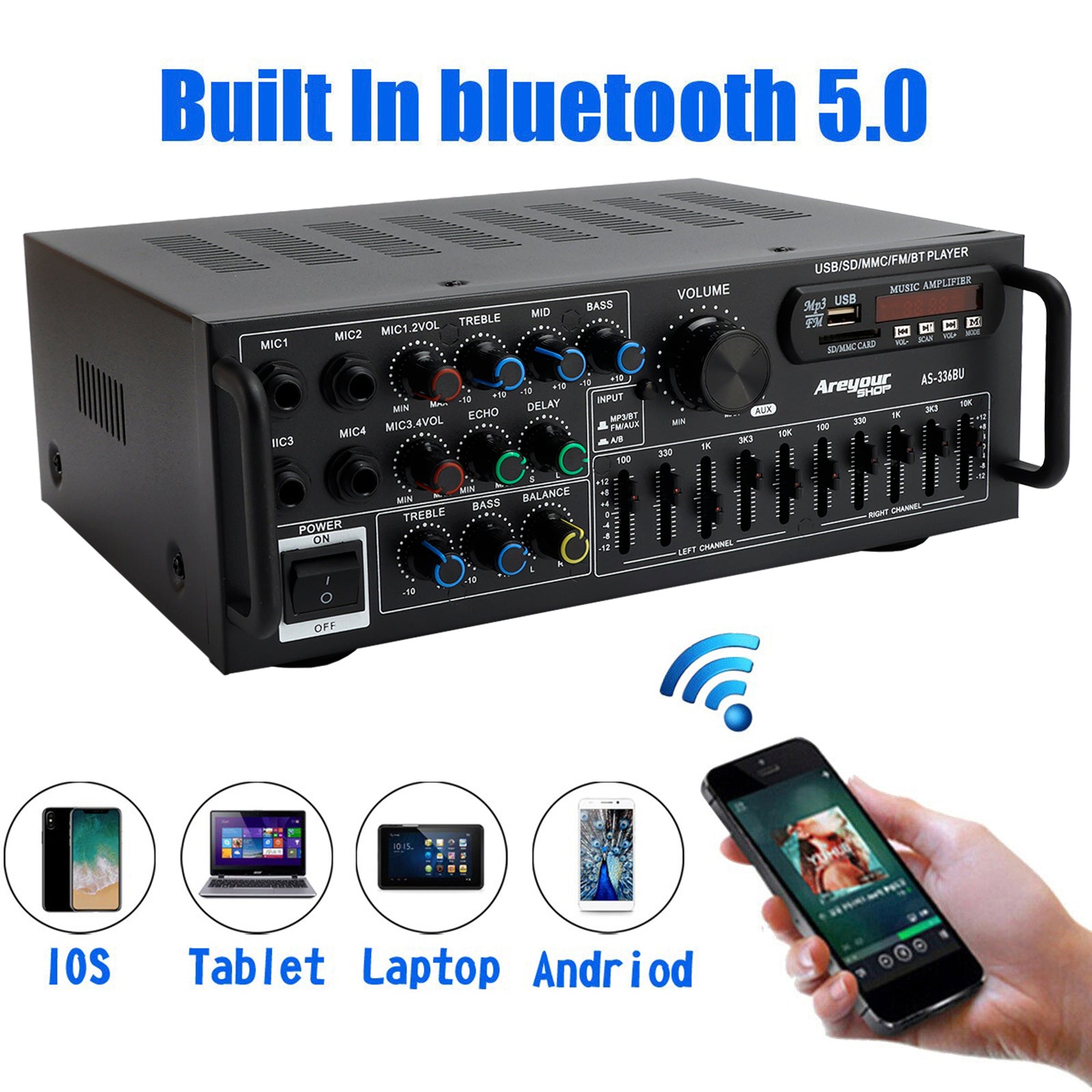Bluetooth 5.0 HiFi Sunbuck 2000W Stereo Power Amplifier Karaoke FM USB SD AUX