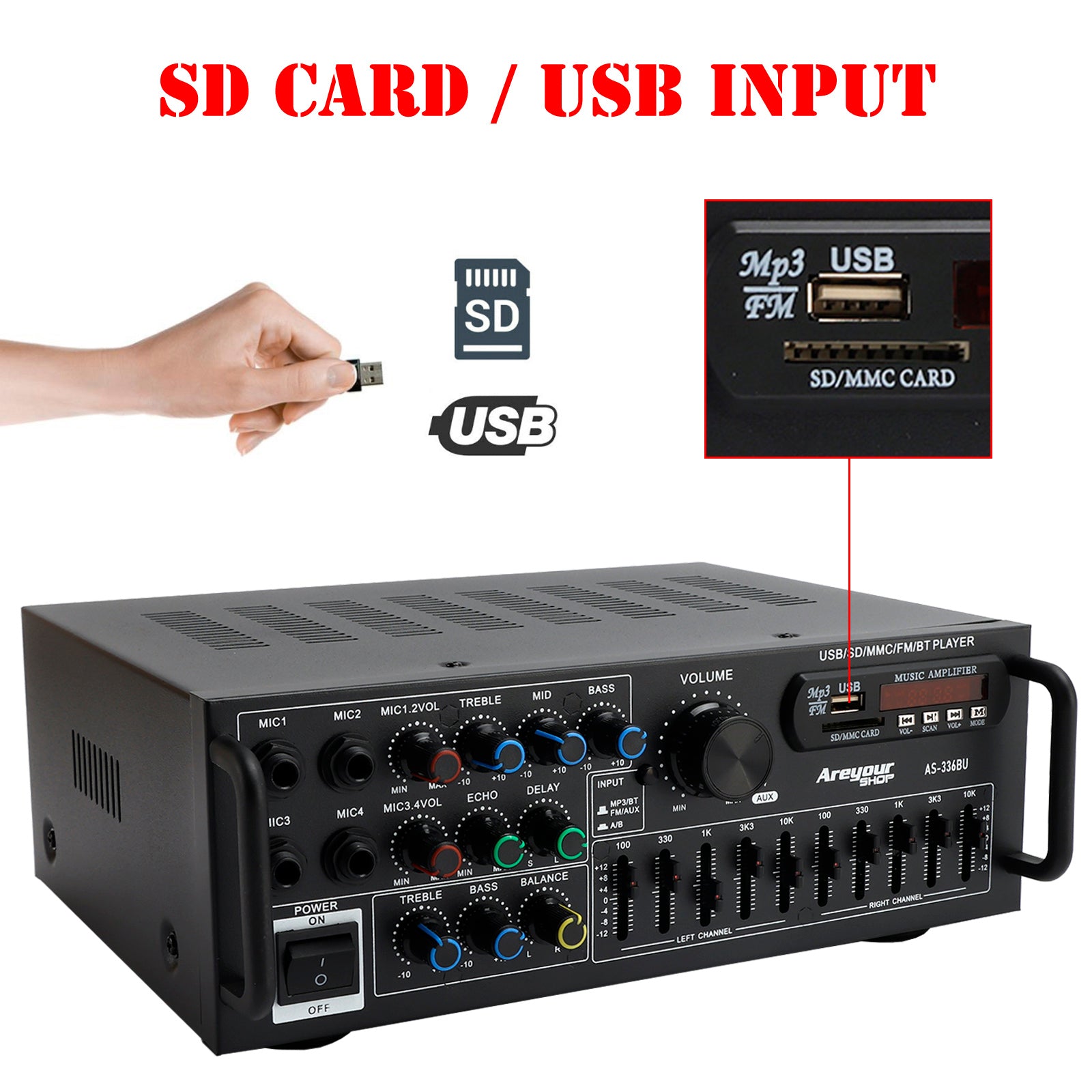 Bluetooth 5.0 HiFi Sunbuck 2000W Stereo Power Amplifier Karaoke FM USB SD AUX