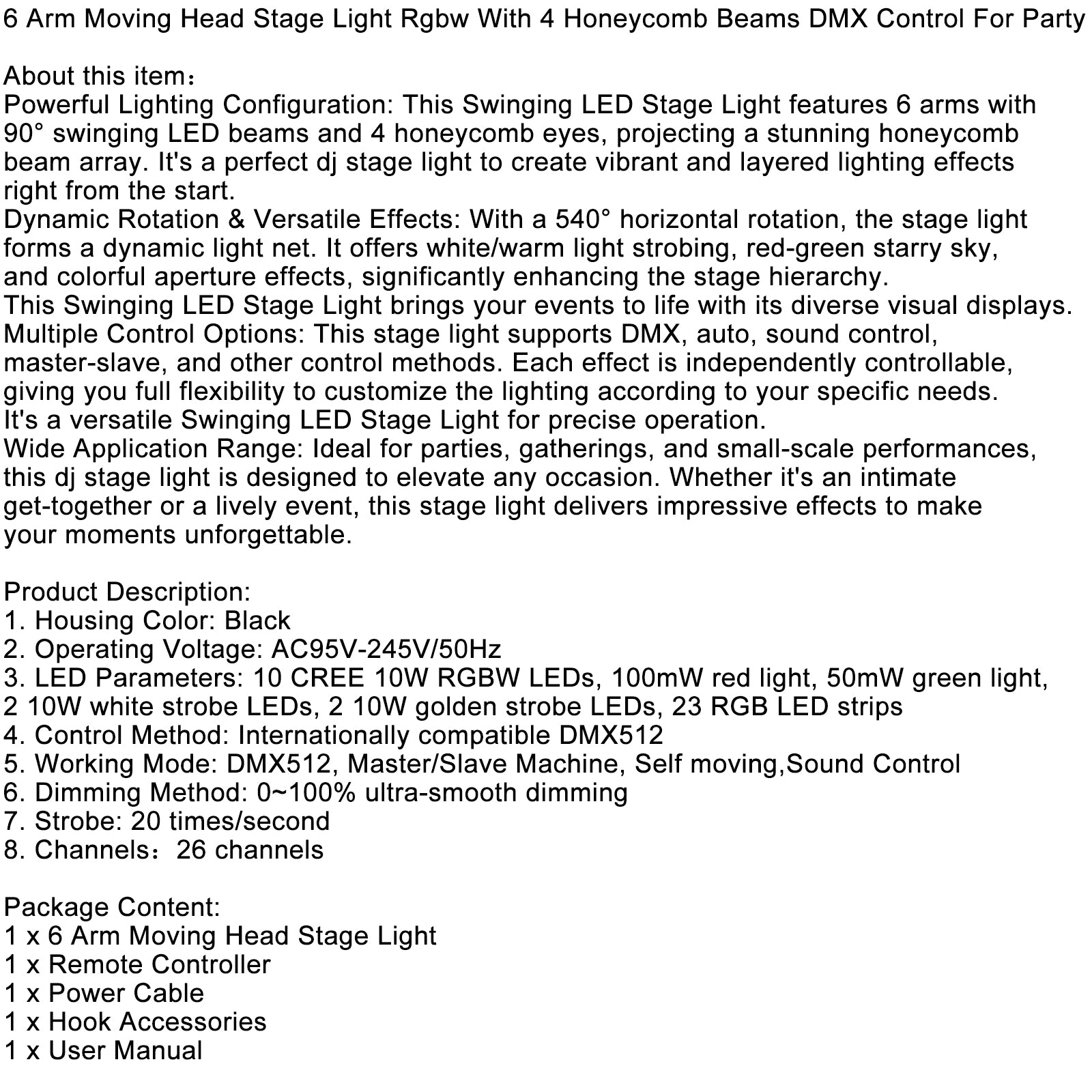 6 Arm Moving Head Stage Light Rgbw With 4 Honeycomb Beams DMX Control For Party