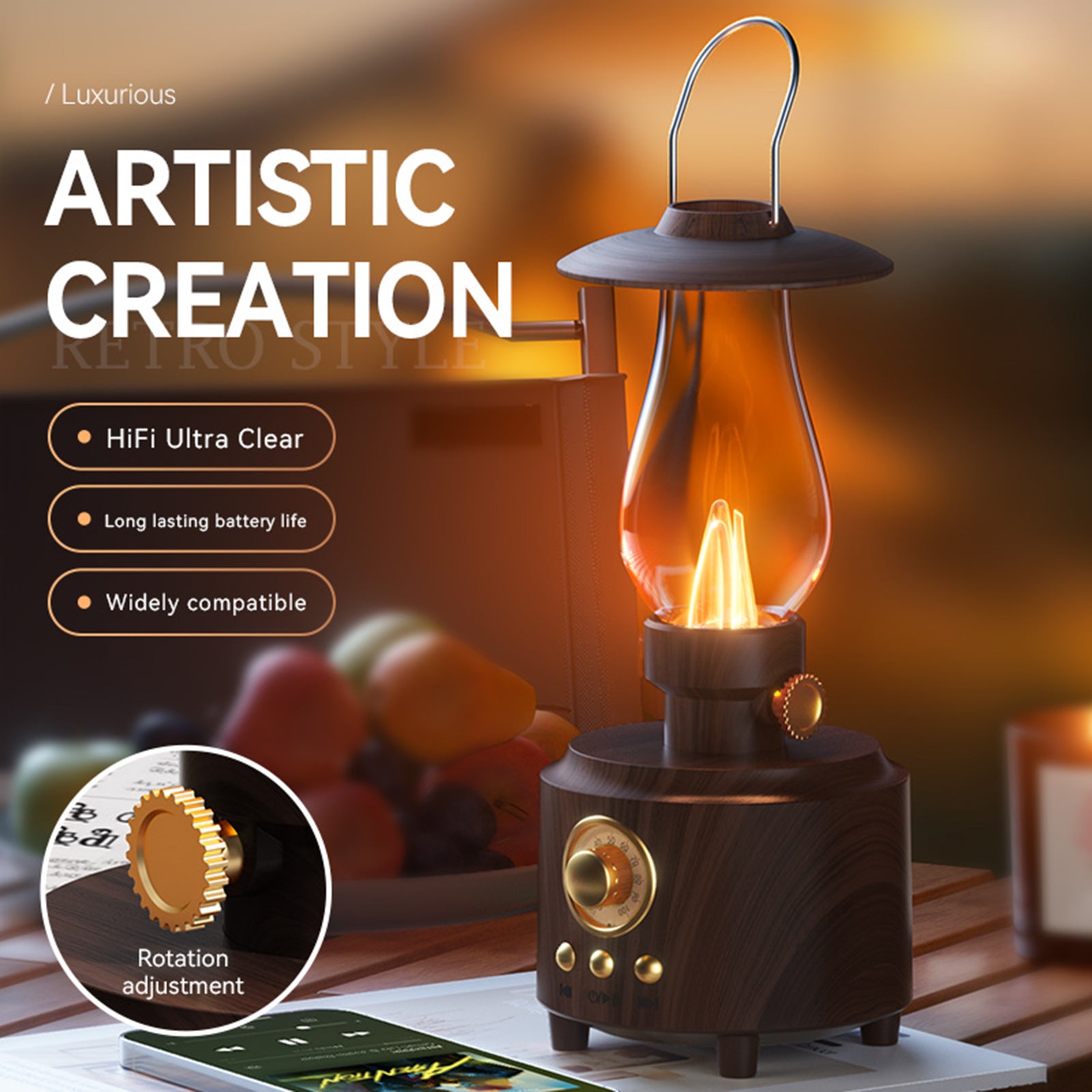 Retro Kerosene Table Lamp Bluetooth Speaker IPX4 Waterproof Bedside Lamp Camping