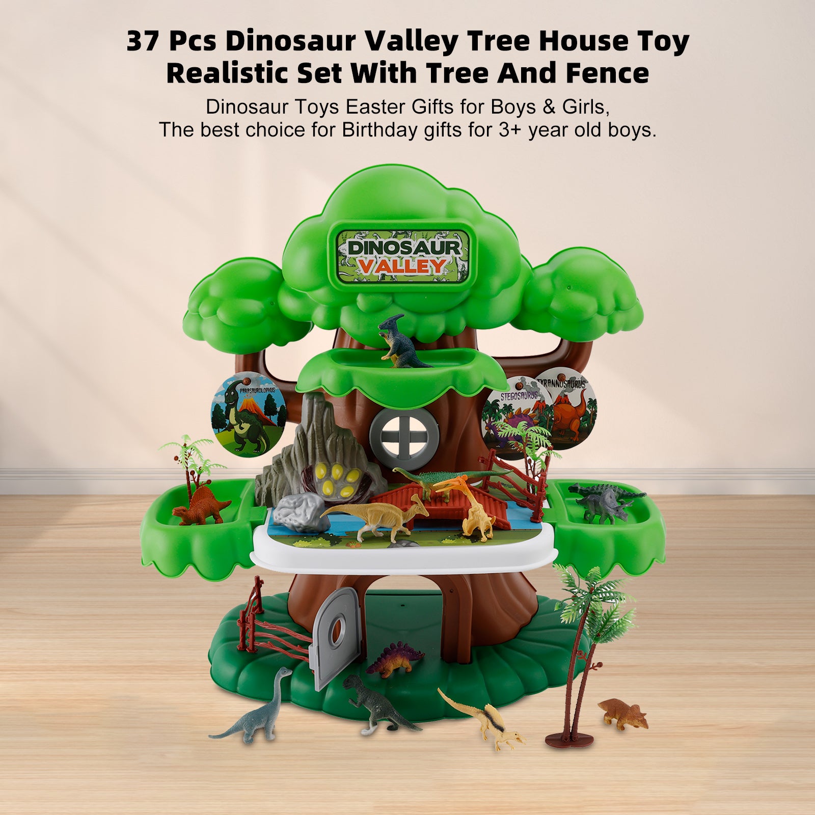 37 Pcs Dinosaur Valley Tree House Toy Realistic Set With Tree And Fence For Kid