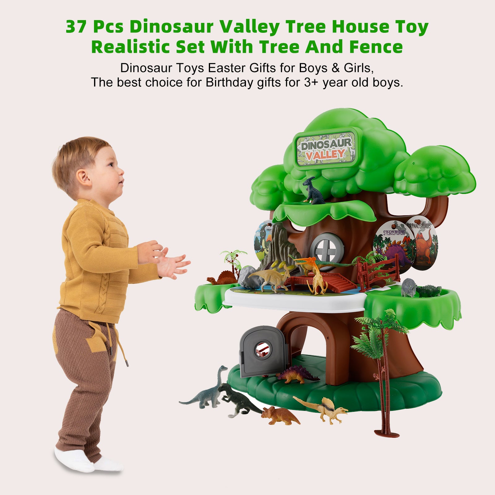 37 Pcs Dinosaur Valley Tree House Toy Realistic Set With Tree And Fence For Kid