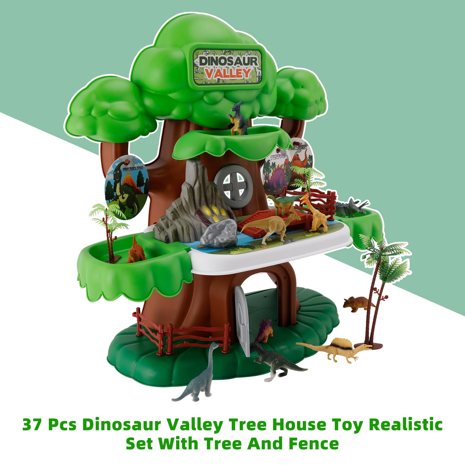 37 Pcs Dinosaur Valley Tree House Toy Realistic Set With Tree And Fence For Kid