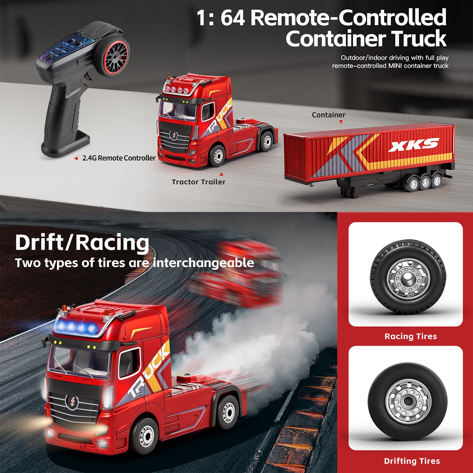 1/64 XKS RC Container Truck Trailer 2.4G 4WD Proportional Steering Semi Truck