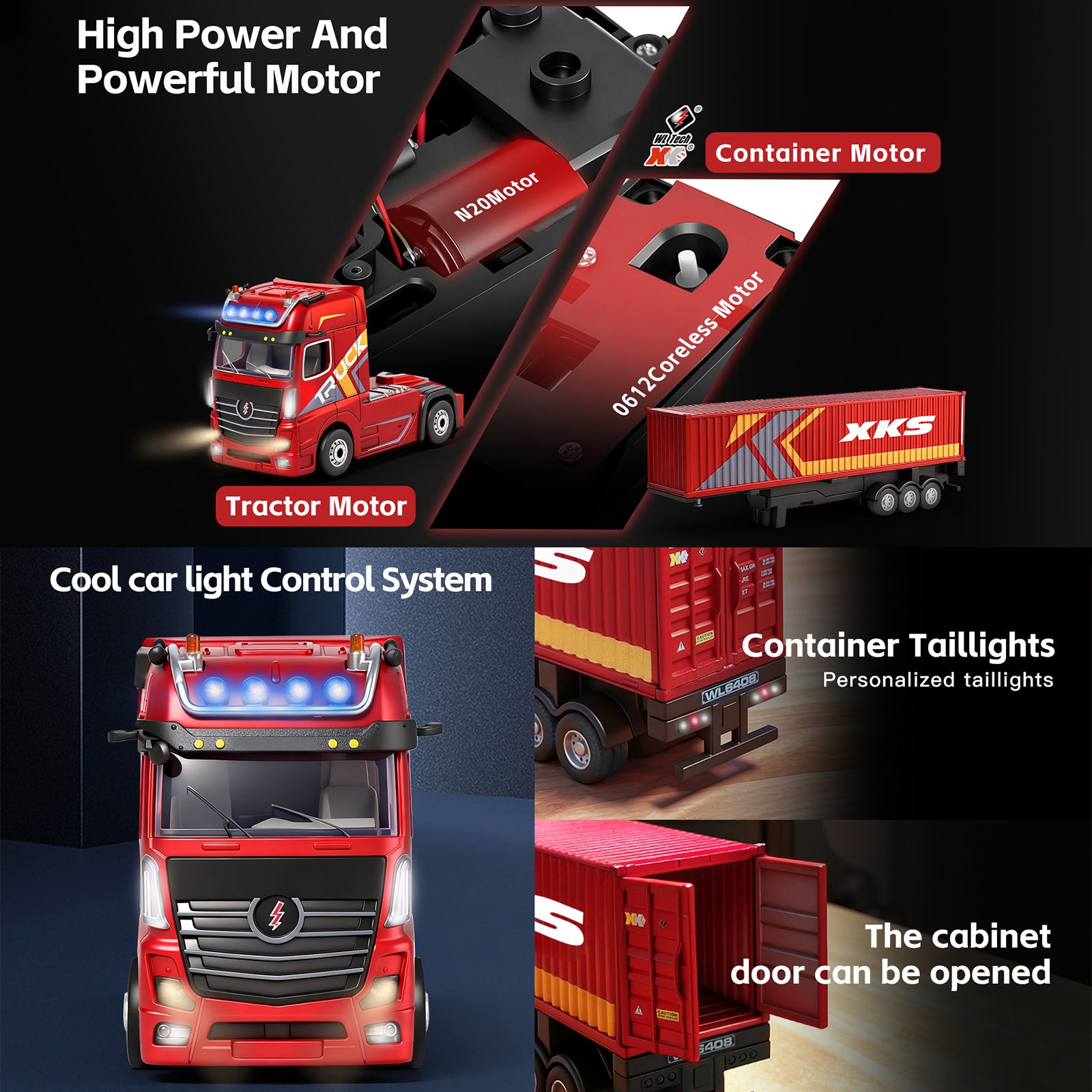 1/64 XKS RC Container Truck Trailer 2.4G 4WD Proportional Steering Semi Truck