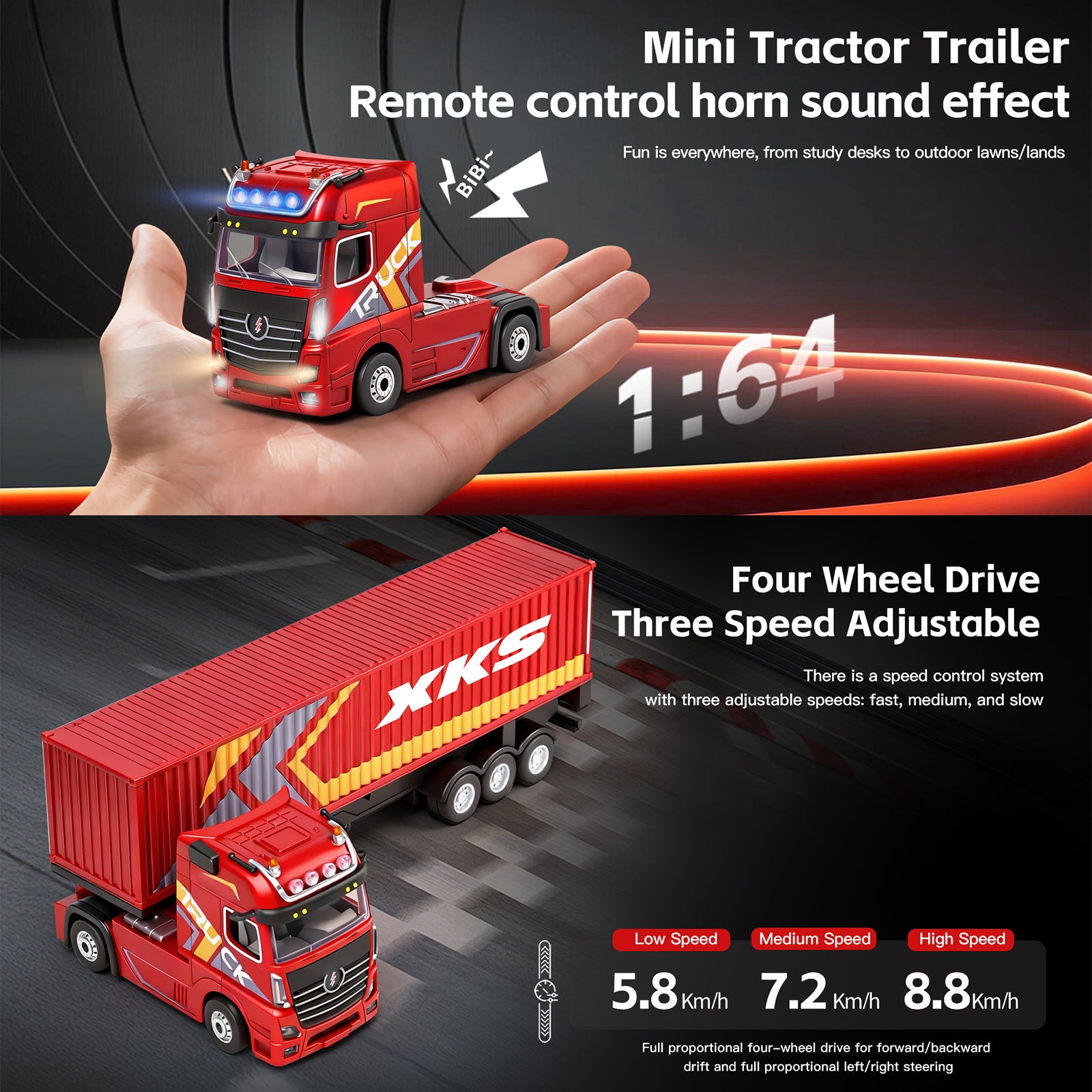 1/64 XKS RC Container Truck Trailer 2.4G 4WD Proportional Steering Semi Truck