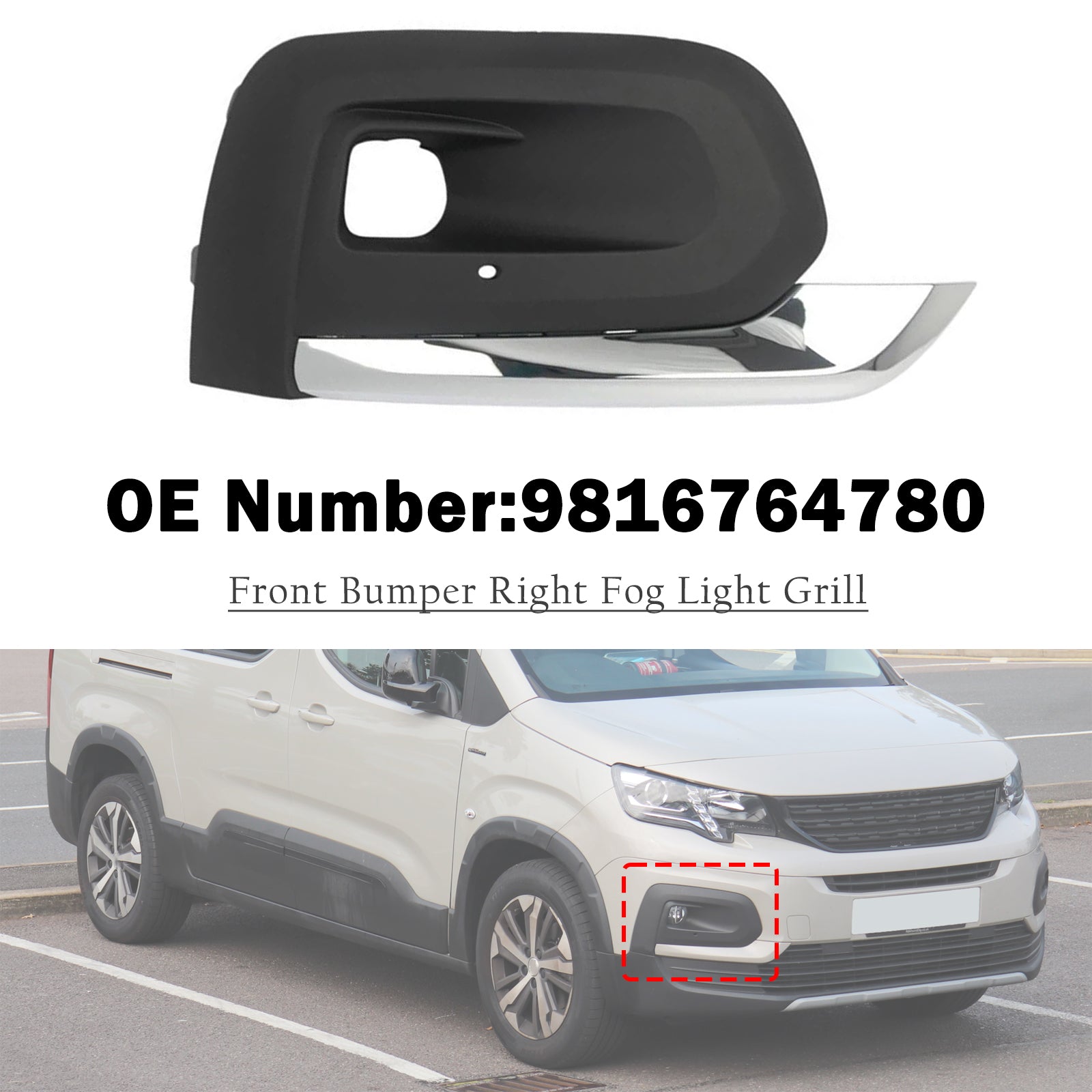 Front Bumper Right Fog Light Grill 9816764780 For Peugeot Rifter 2019-2025