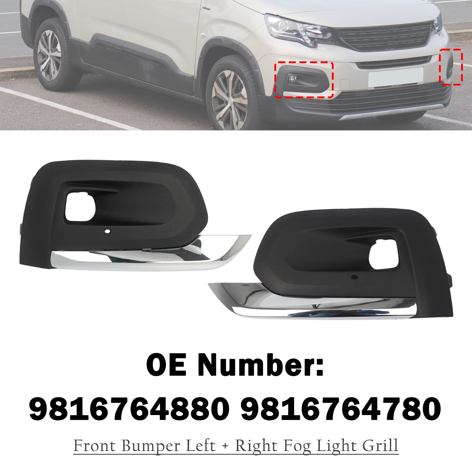 Front Bumper Left + Right Fog Light Grill 9816764780 For Peugeot Rifter 2019-2025