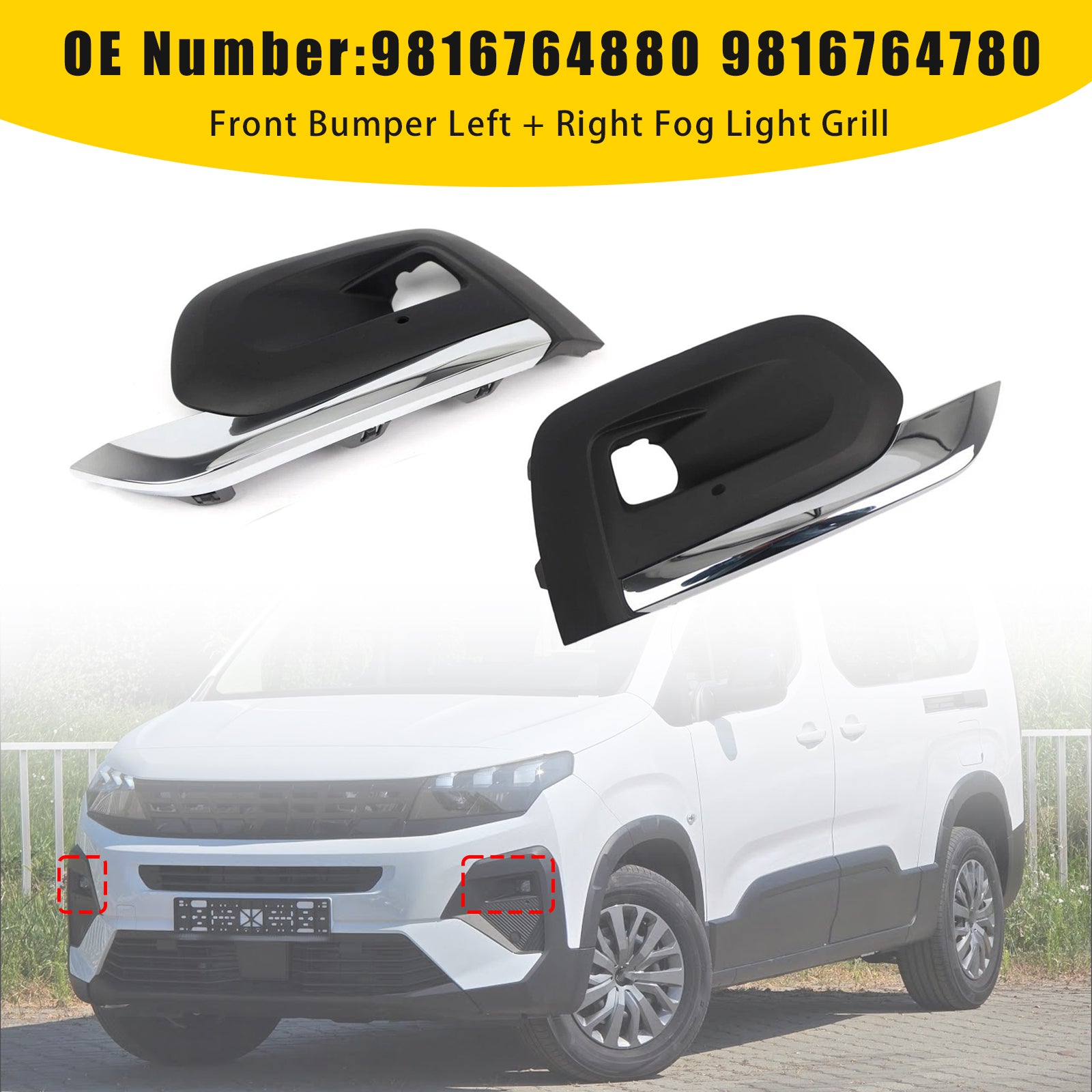 Front Bumper Left + Right Fog Light Grill 9816764780 For Peugeot Rifter 2019-2025