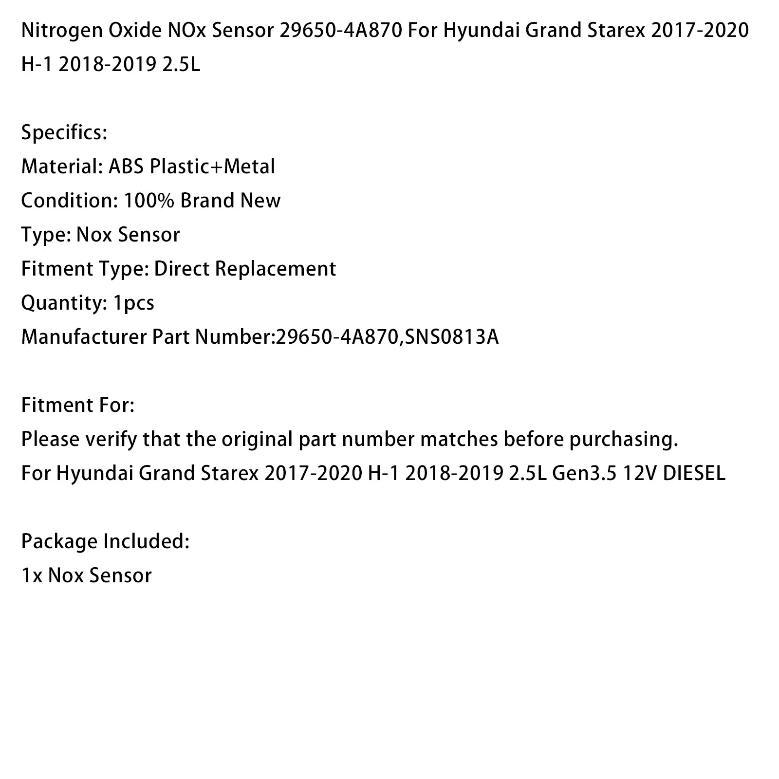 Nitrogen Oxide NOx Sensor 29650-4A870 For Hyundai Grand Starex 2017-2020