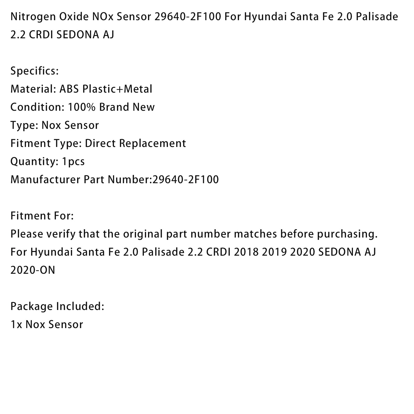 Nitrogen Oxide NOx Sensor 29640-2F100 For Hyundai Santa Fe 2.0 Palisade 2.2