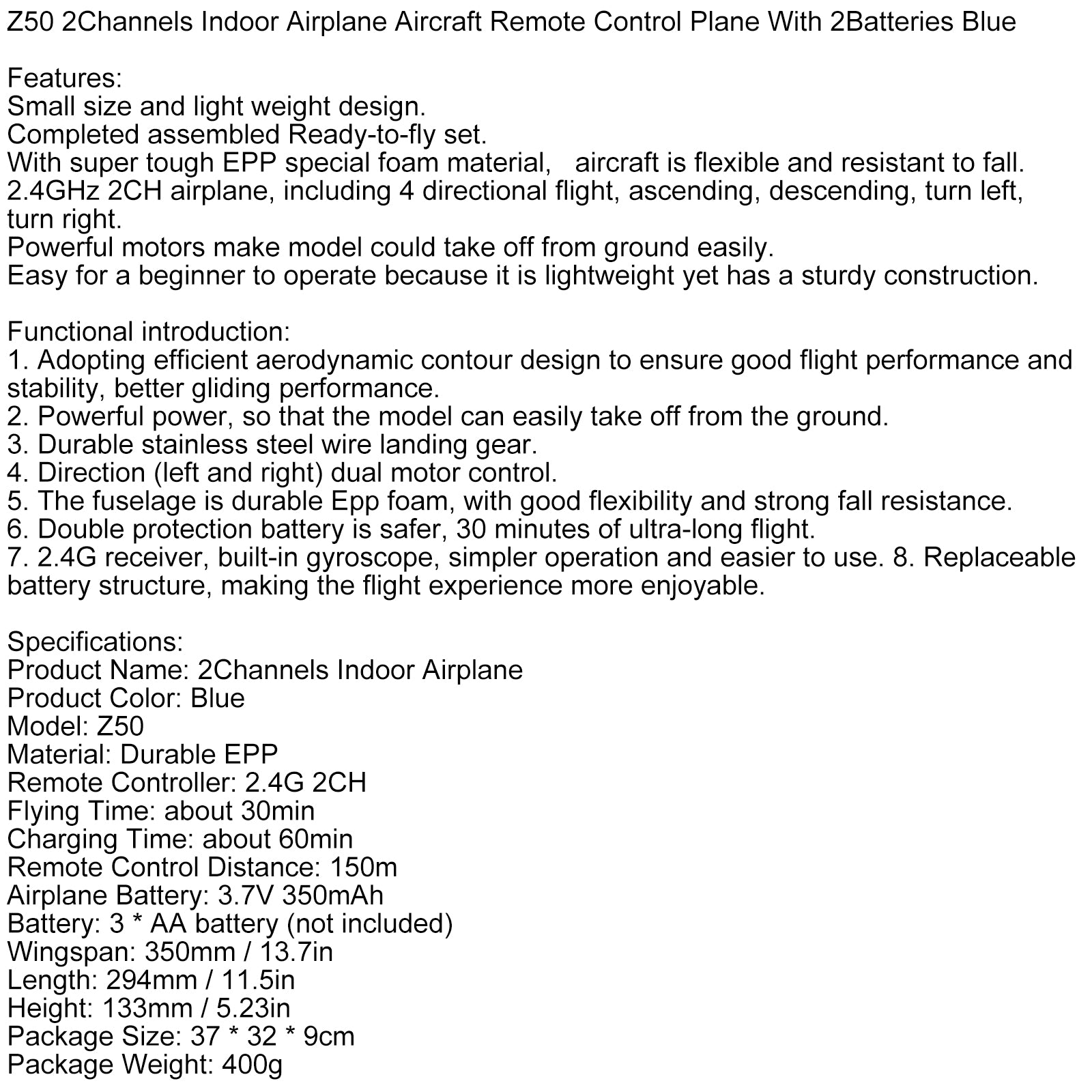 Z50 2Channels Indoor Airplane Aircraft Remote Control Plane With 2Batteries Blue
