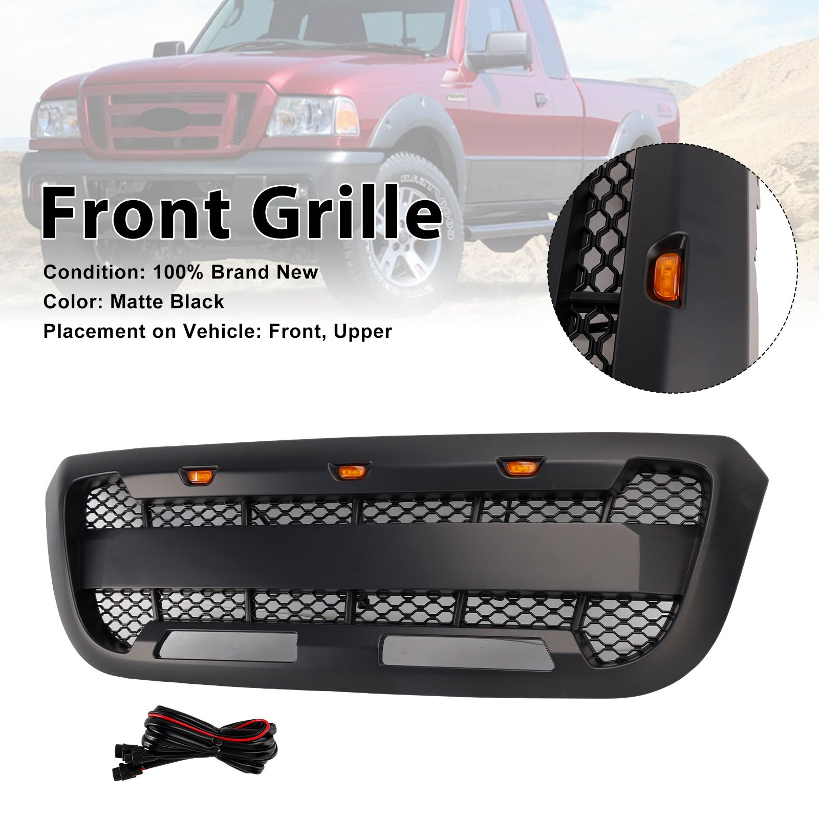Matt Black Front Bumper Grille Grill Fit Ford Ranger 2004-2011 With LED Light