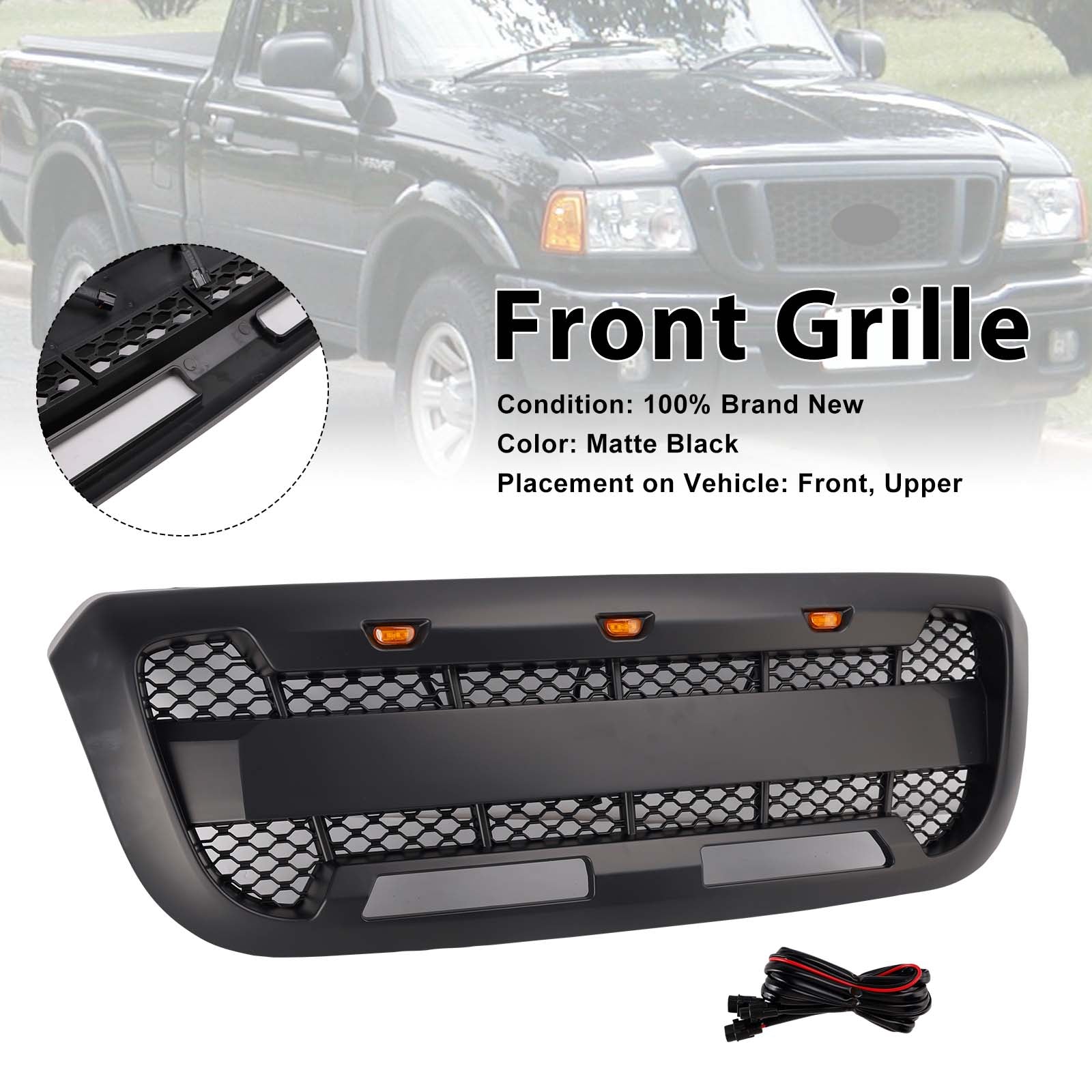 Matt Black Front Bumper Grille Grill Fit Ford Ranger 2004-2011 With LED Light