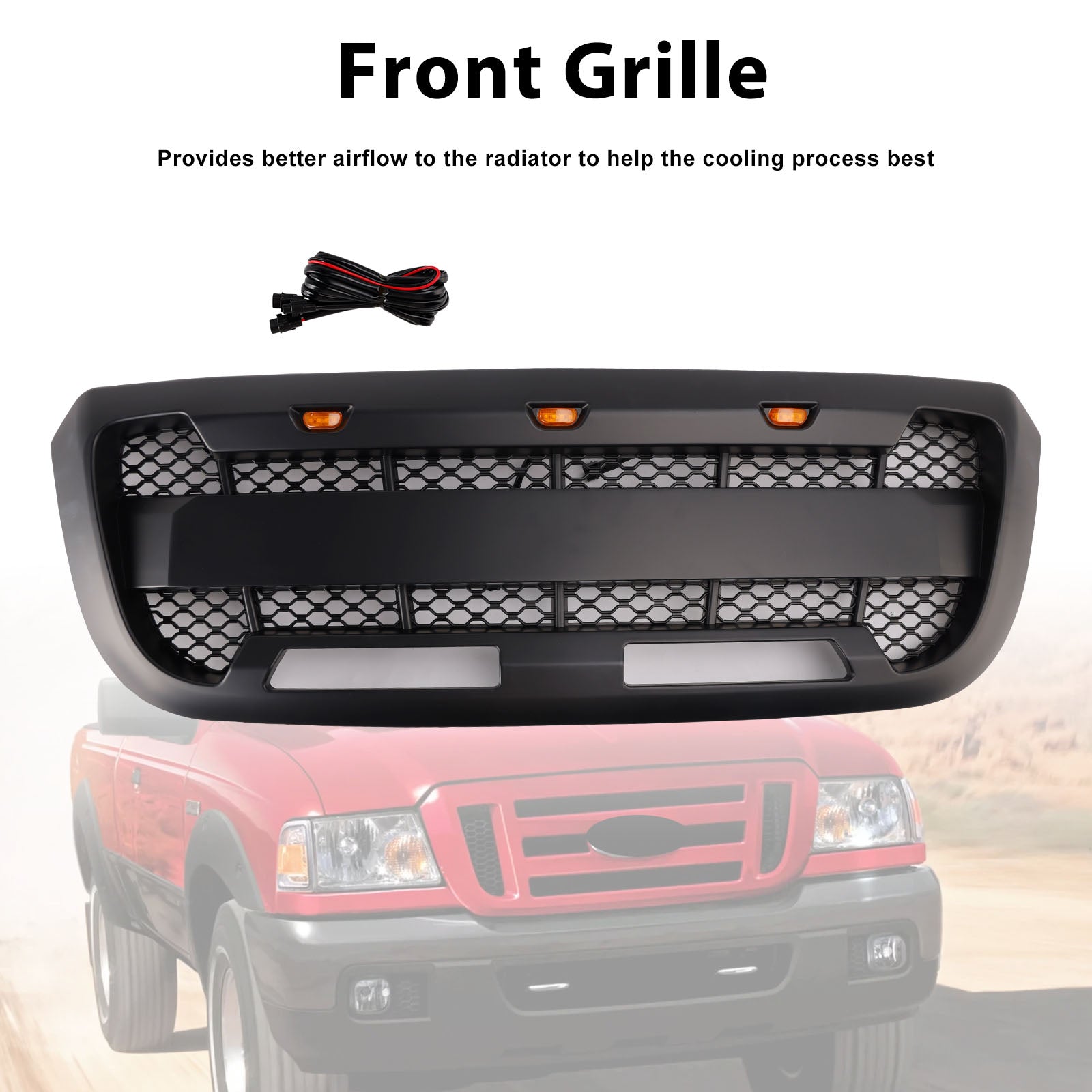 Matt Black Front Bumper Grille Grill Fit Ford Ranger 2004-2011 With LED Light