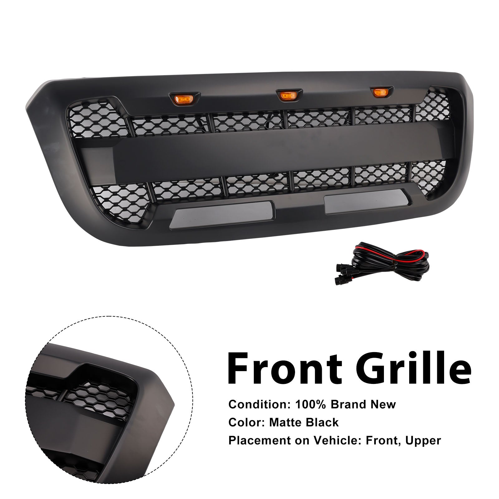Matt Black Front Bumper Grille Grill Fit Ford Ranger 2004-2011 With LED Light