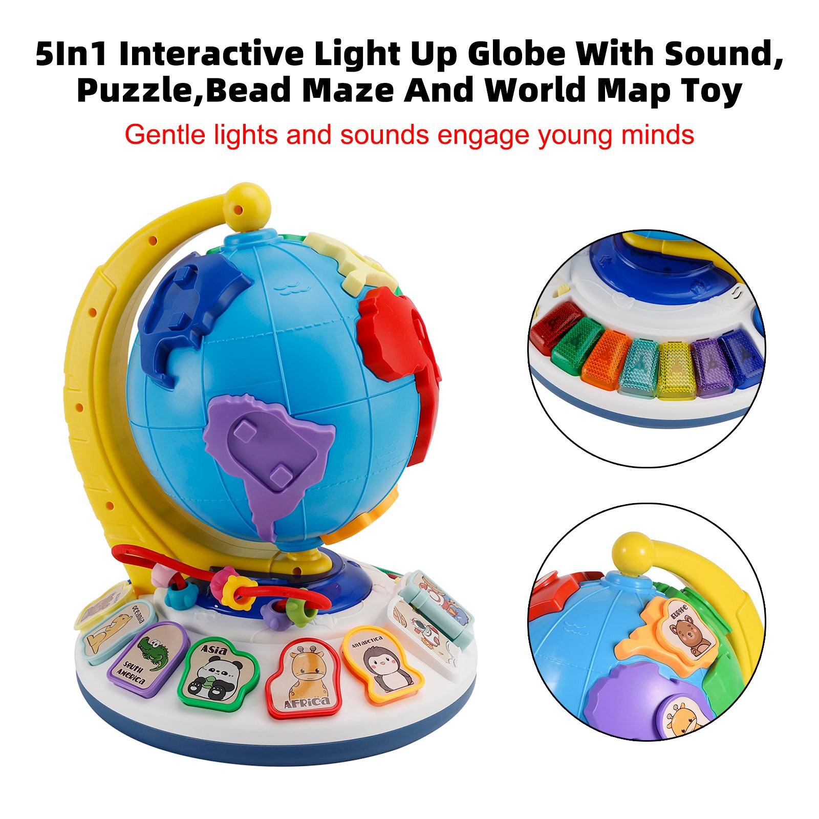 5In1 Interactive Light Up Globe With Sound,Puzzle,Bead Maze And World Map Toy