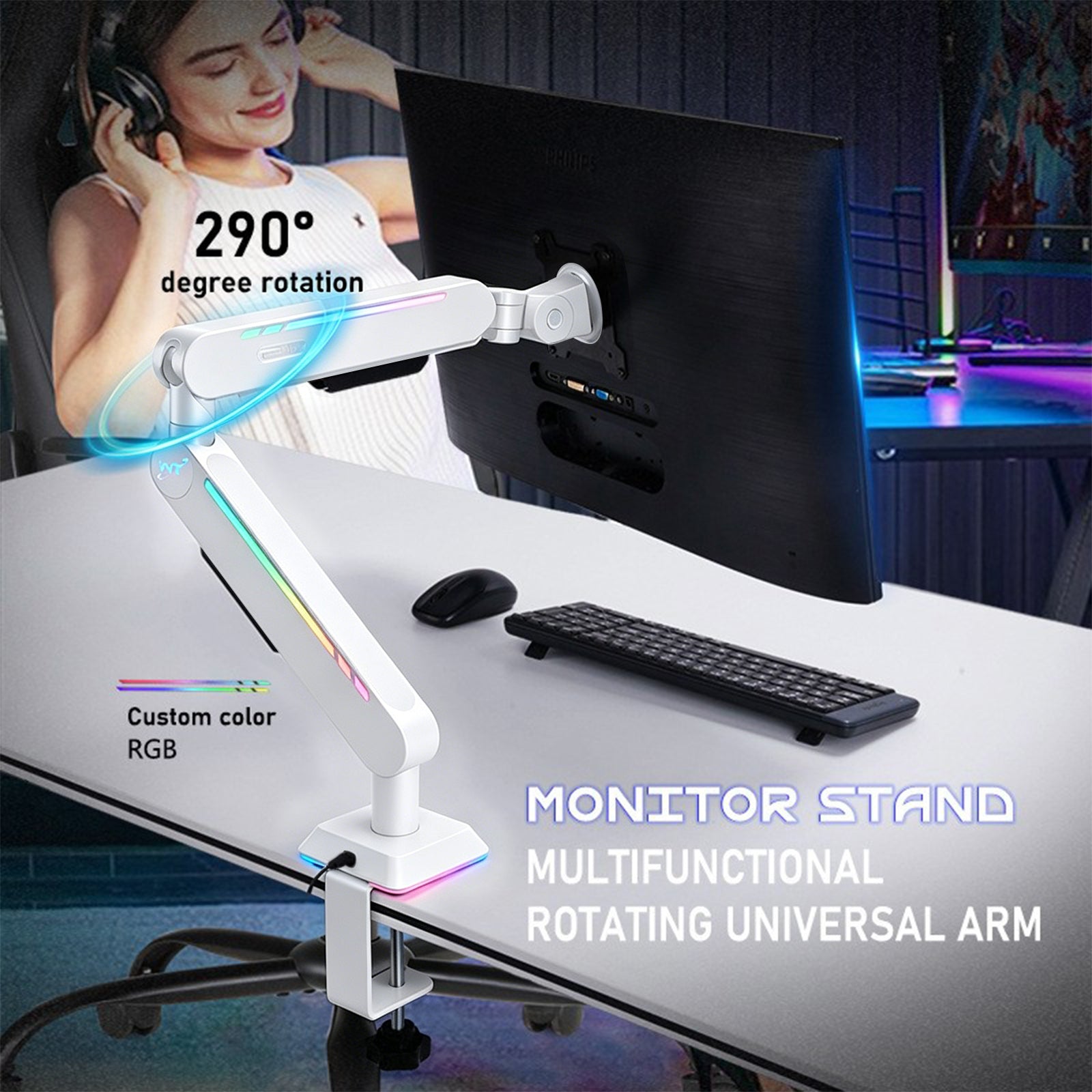 Gaming Monitor Arm 32inch Desktop Computer Monitor Stand RGB Light Monitor Stand