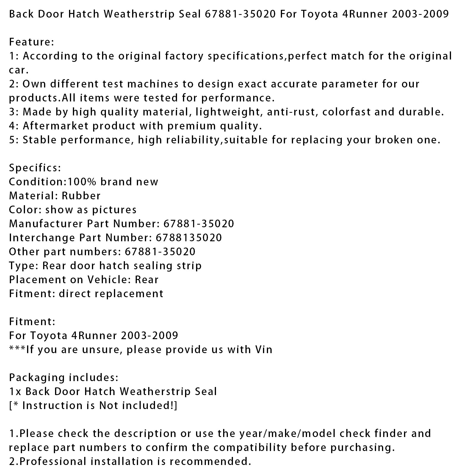 Back Door Hatch Weatherstrip Seal 67881-35020 For Toyota 4Runner 2003-2009
